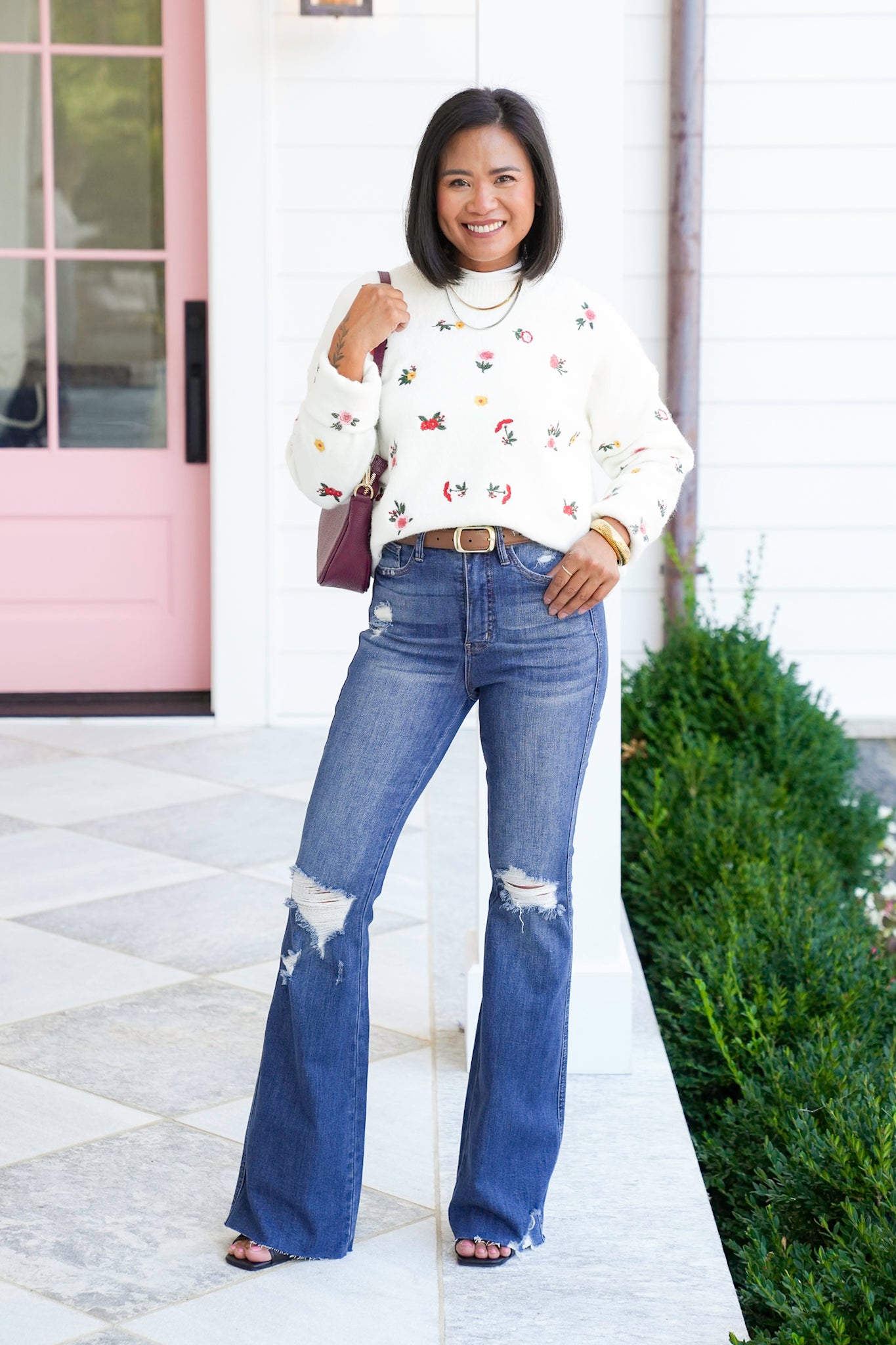 Floral Embroidery Long Sleeve Knit Sweater