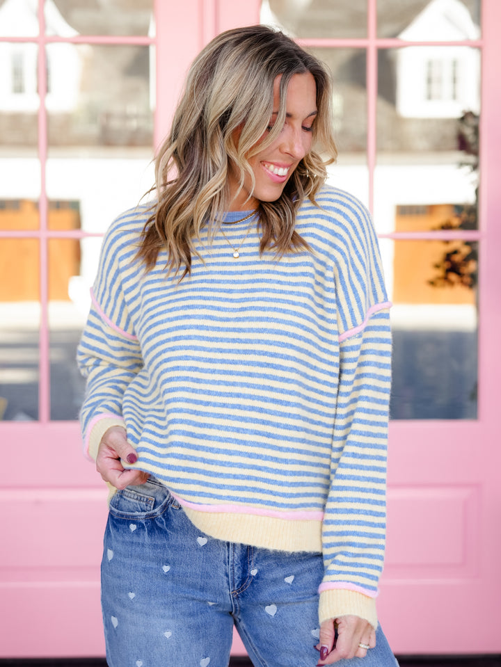 Plus/Reg Stripe Long Sleeve Pullover Sweater with Contrast Trim - Freckled Poppy