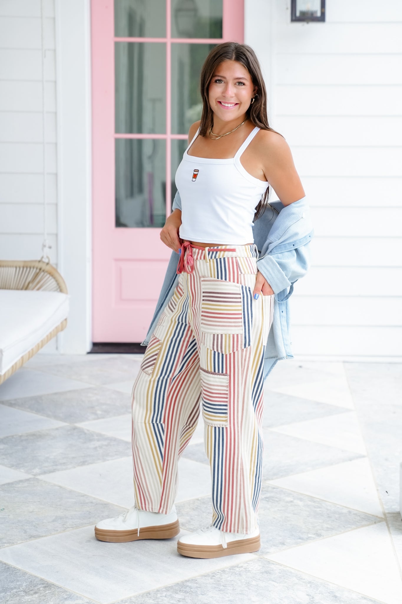 Twill Stripe Color Block Barrel Pants