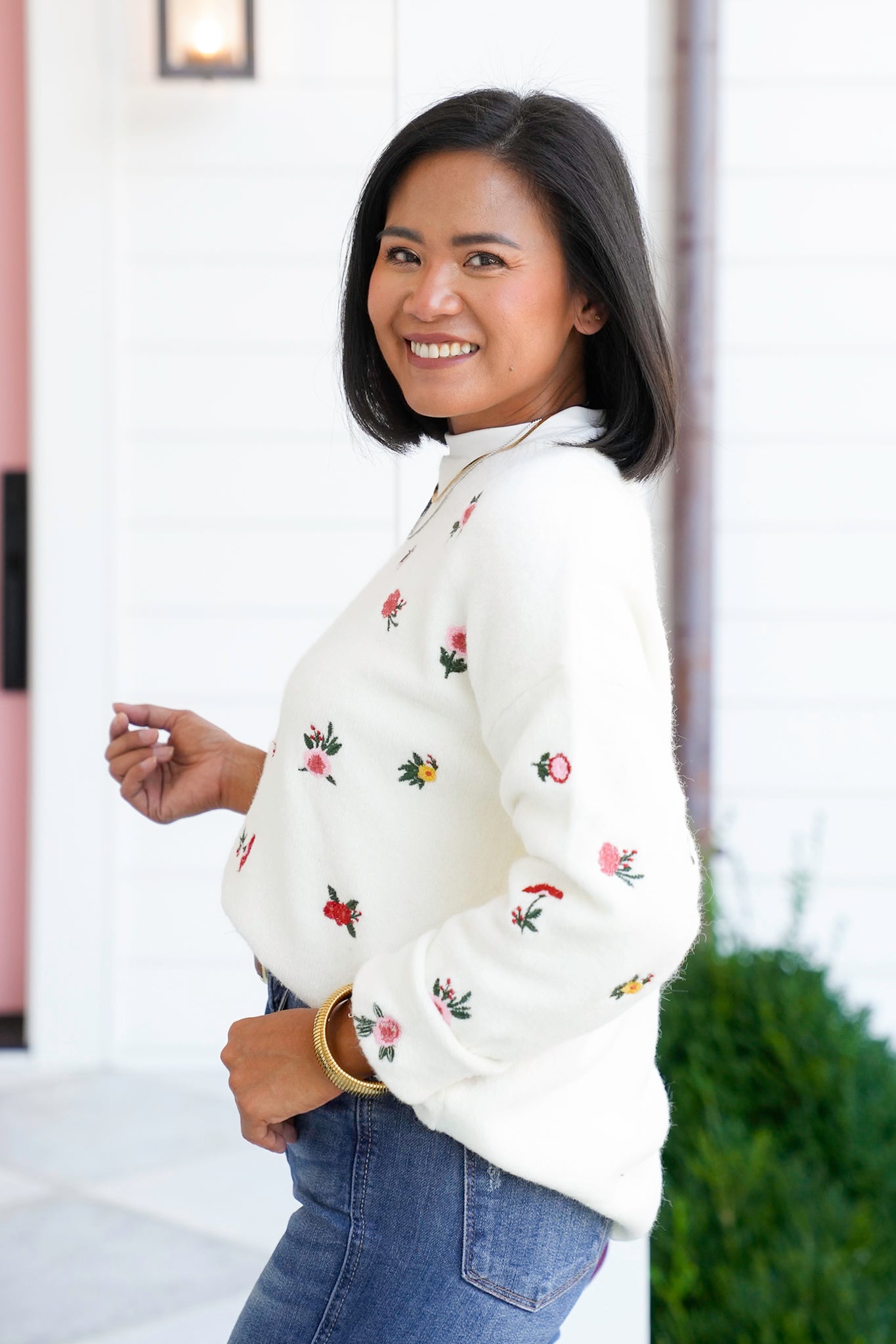 Floral Embroidery Long Sleeve Knit Sweater