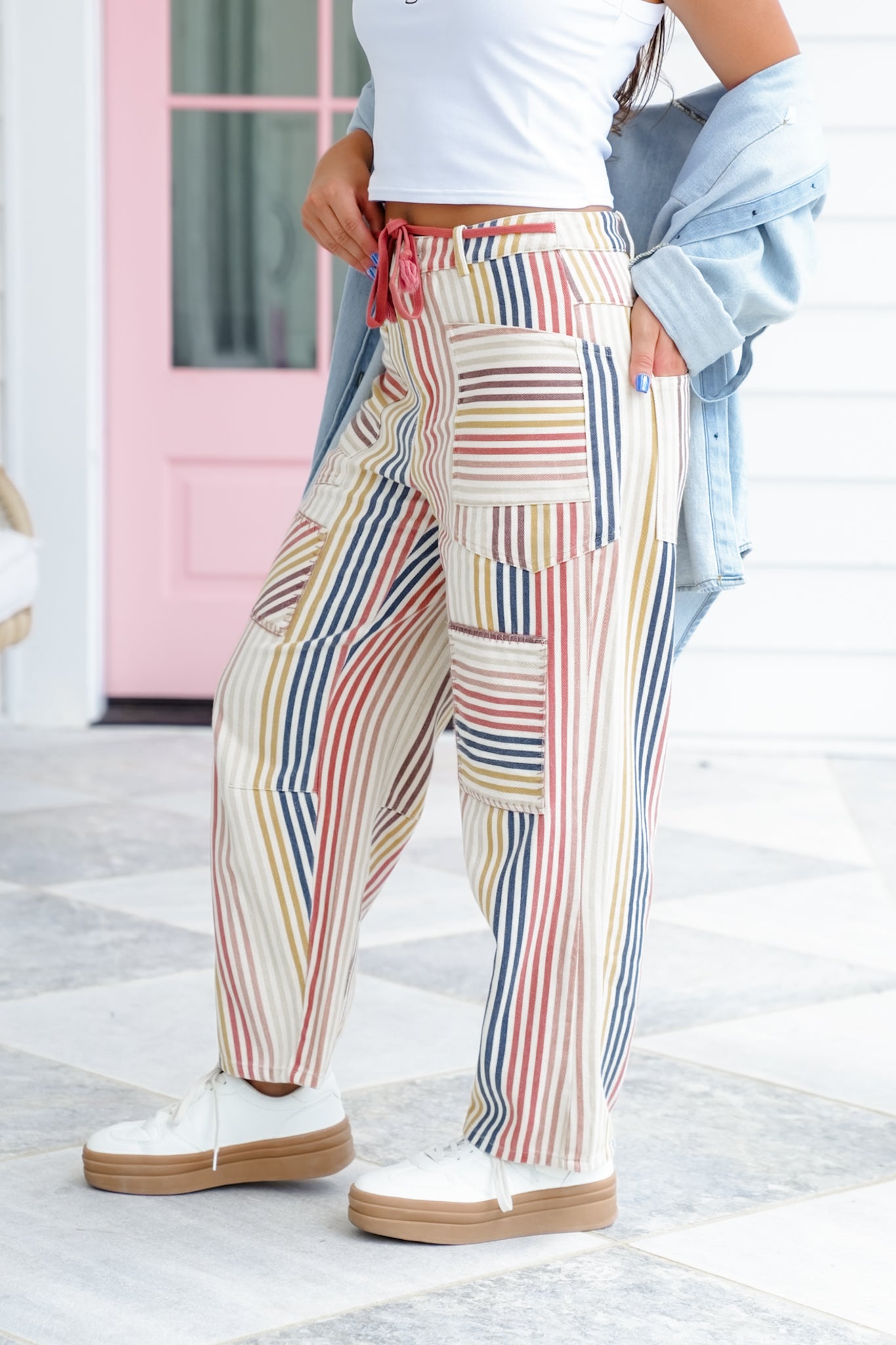 Twill Stripe Color Block Barrel Pants