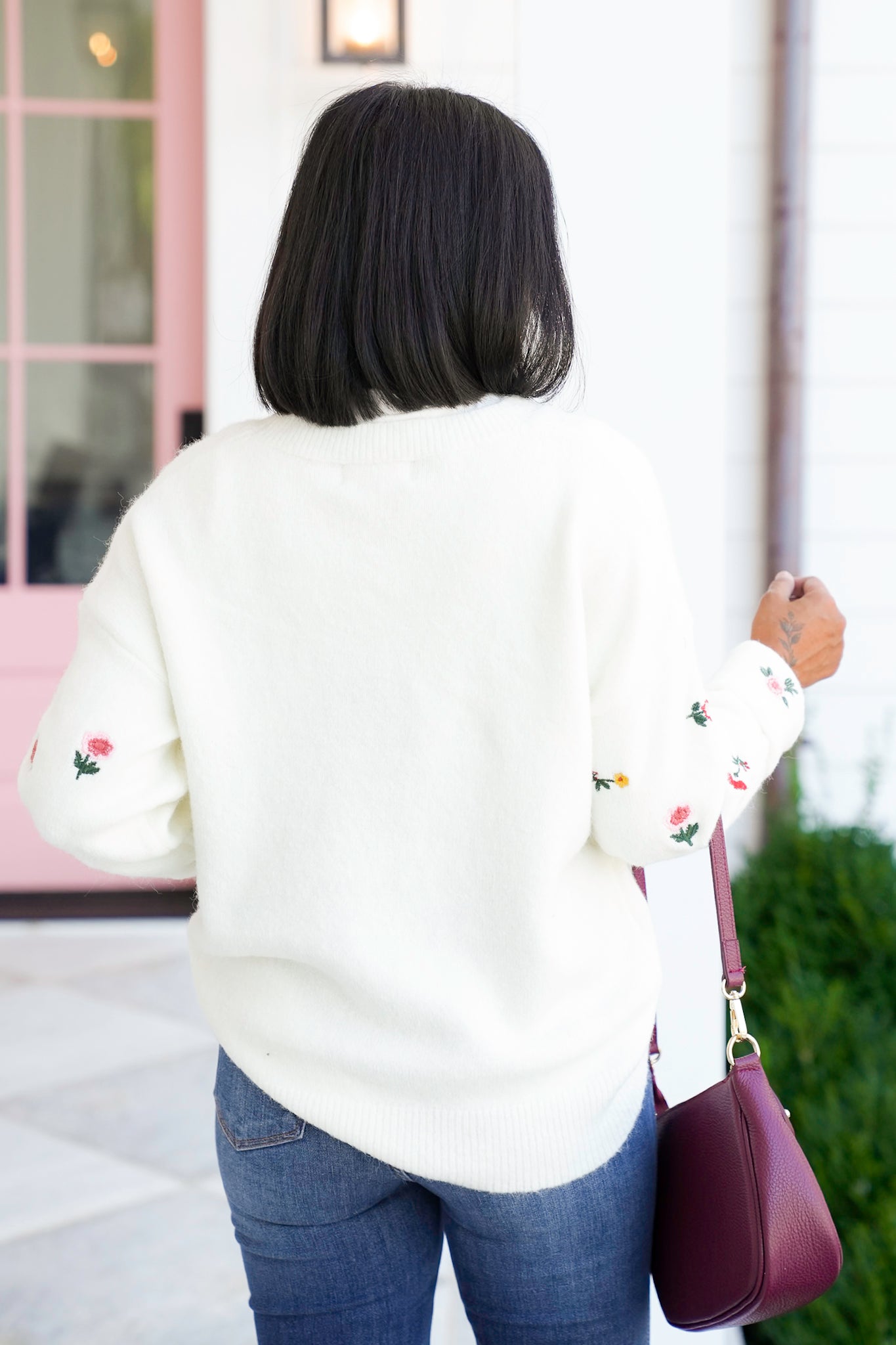 Floral Embroidery Long Sleeve Knit Sweater