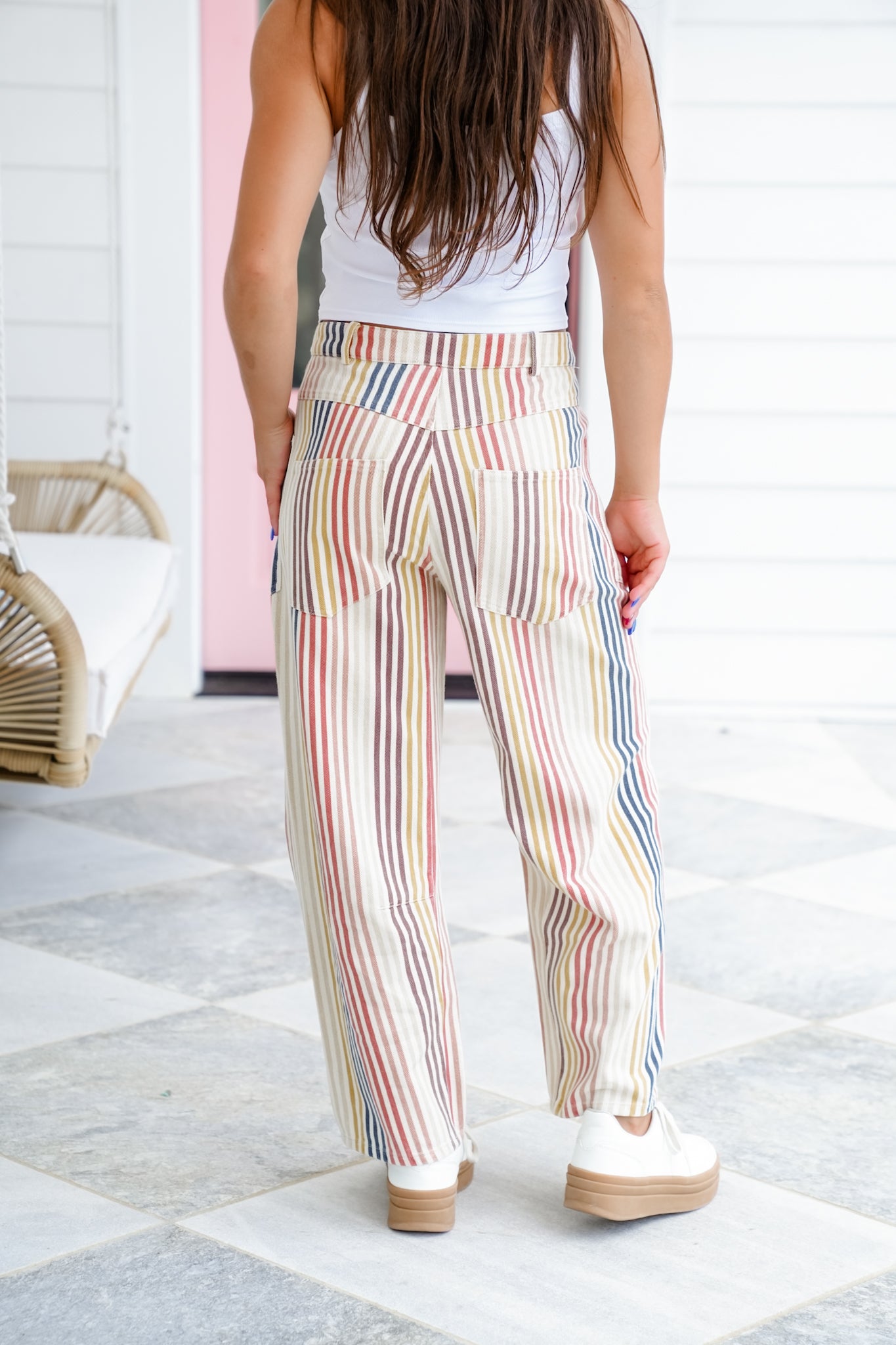 Twill Stripe Color Block Barrel Pants