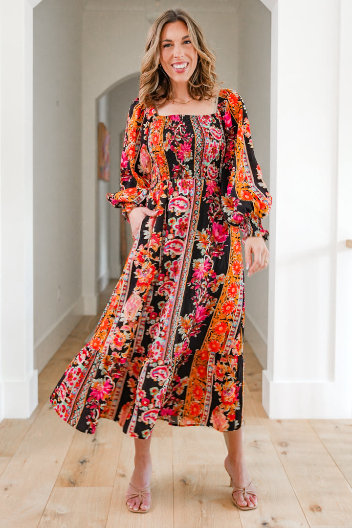 Plus/Reg Long Sleeve Floral Print Smocked Bodice Maxi Dress