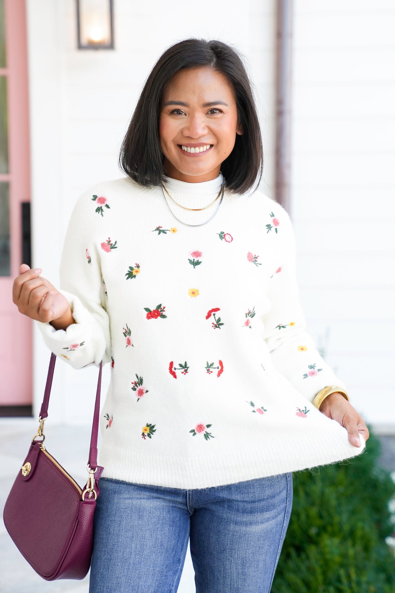 Floral Embroidery Long Sleeve Knit Sweater