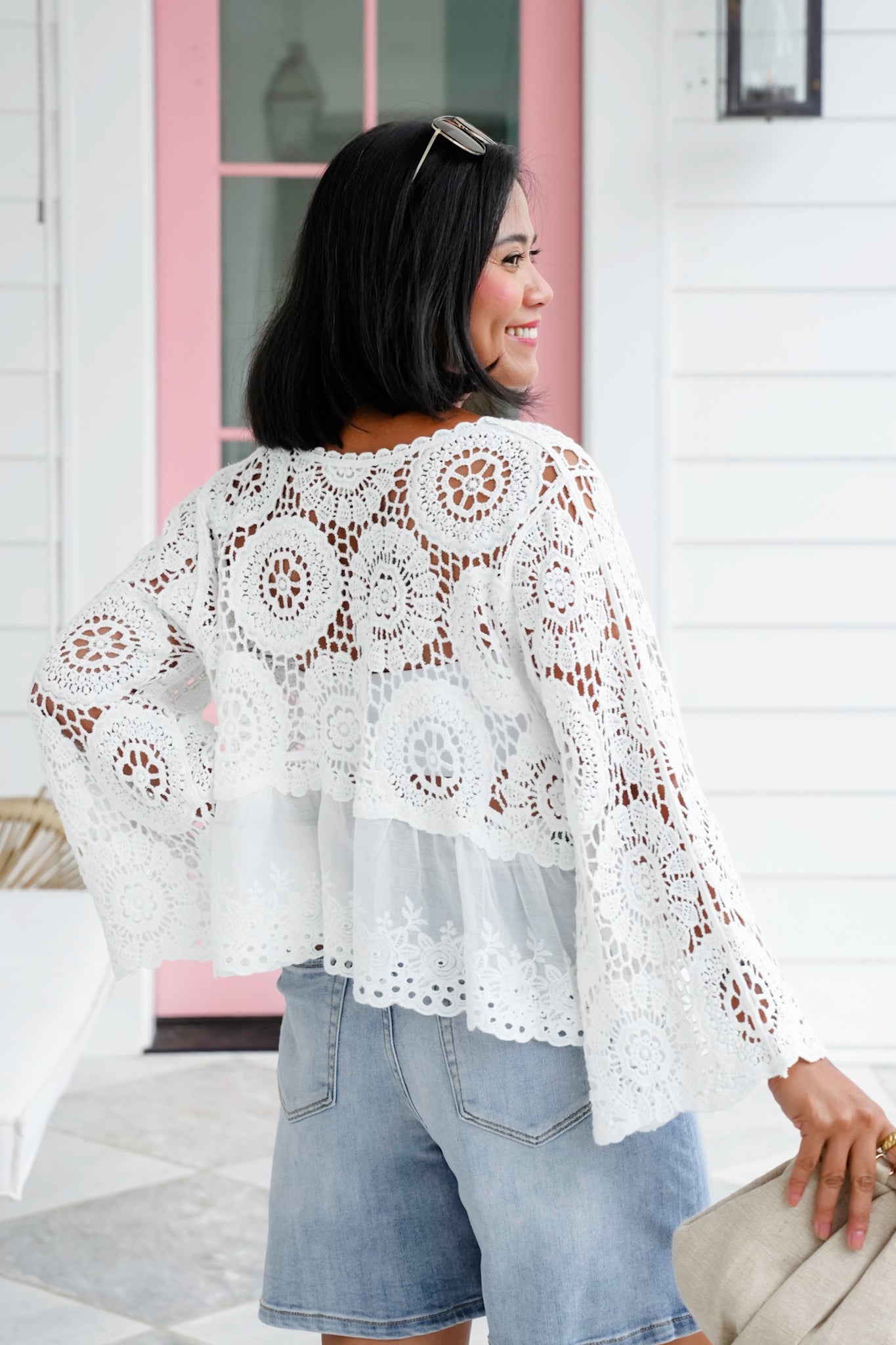 POL Crochet 3/4 Sleeve Round Neck Top with Floral Eyelet Detail