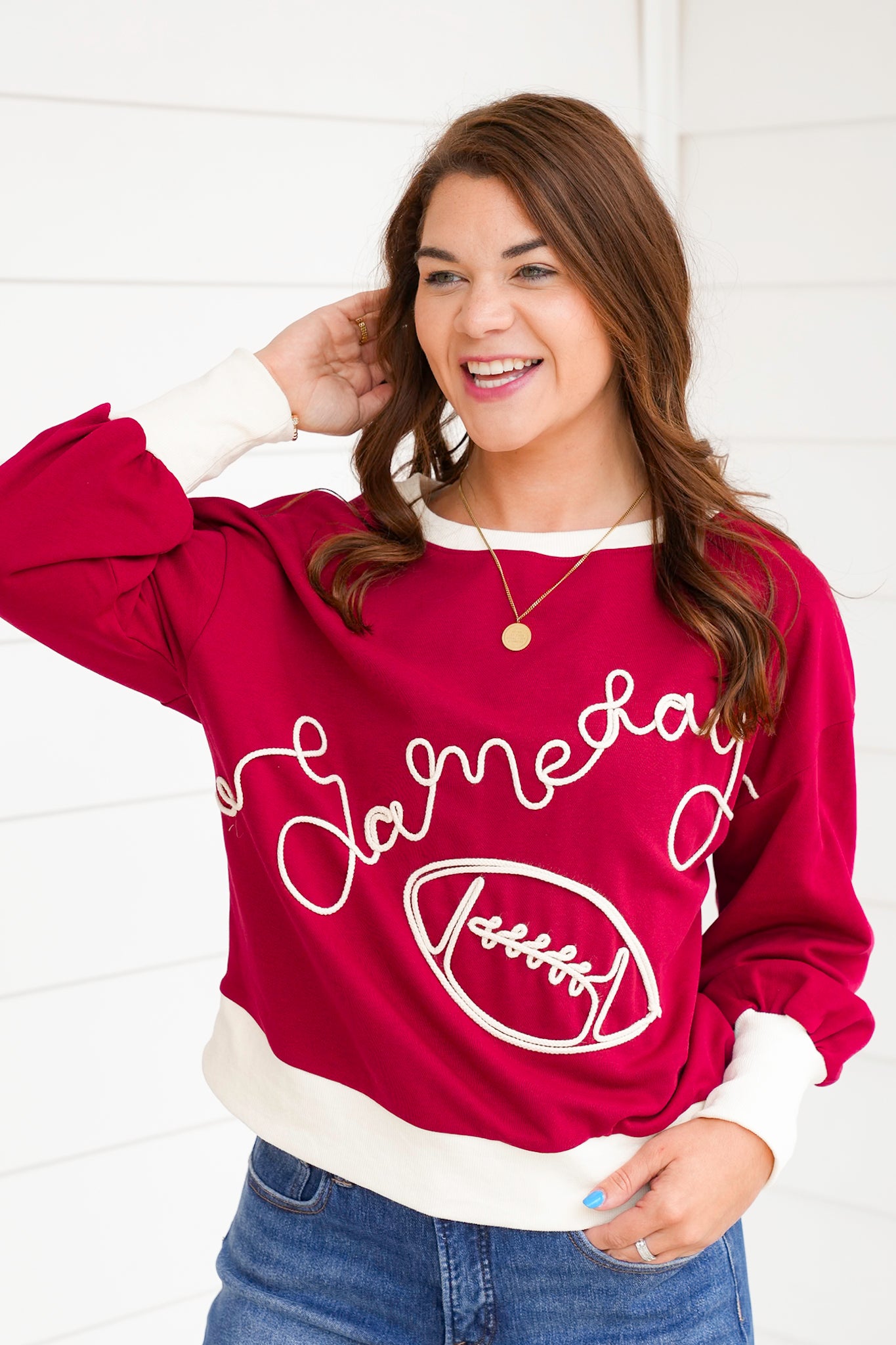 Plus/Reg Long Sleeve Embroidered "Game Day" Pullover Sweatshirt
