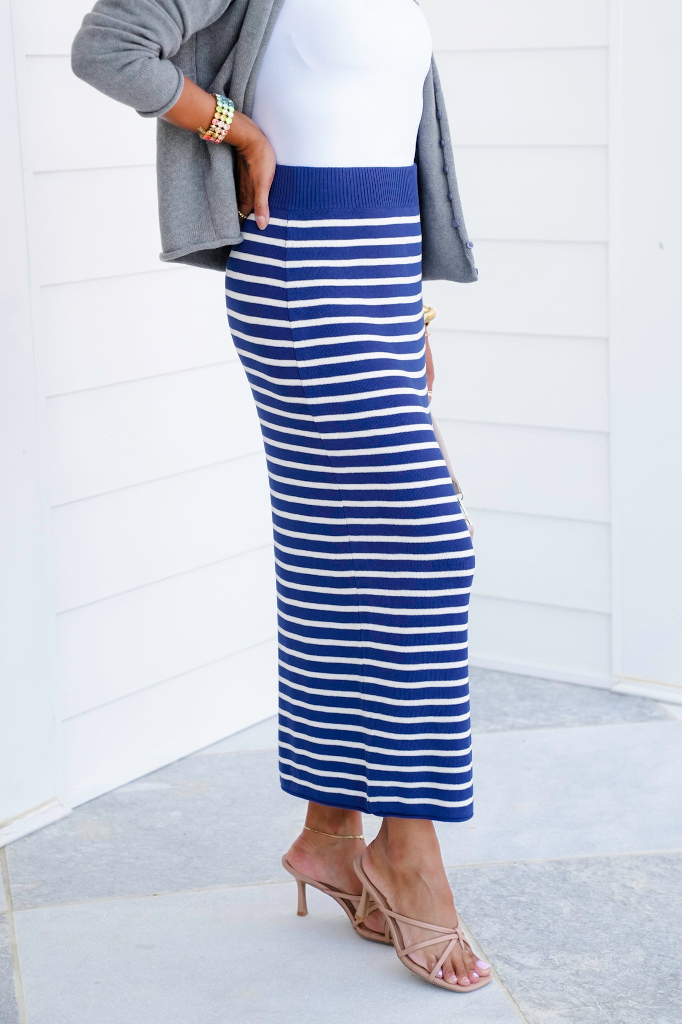 Navy Stripe Elastic Waist Midi Knit Skirt
