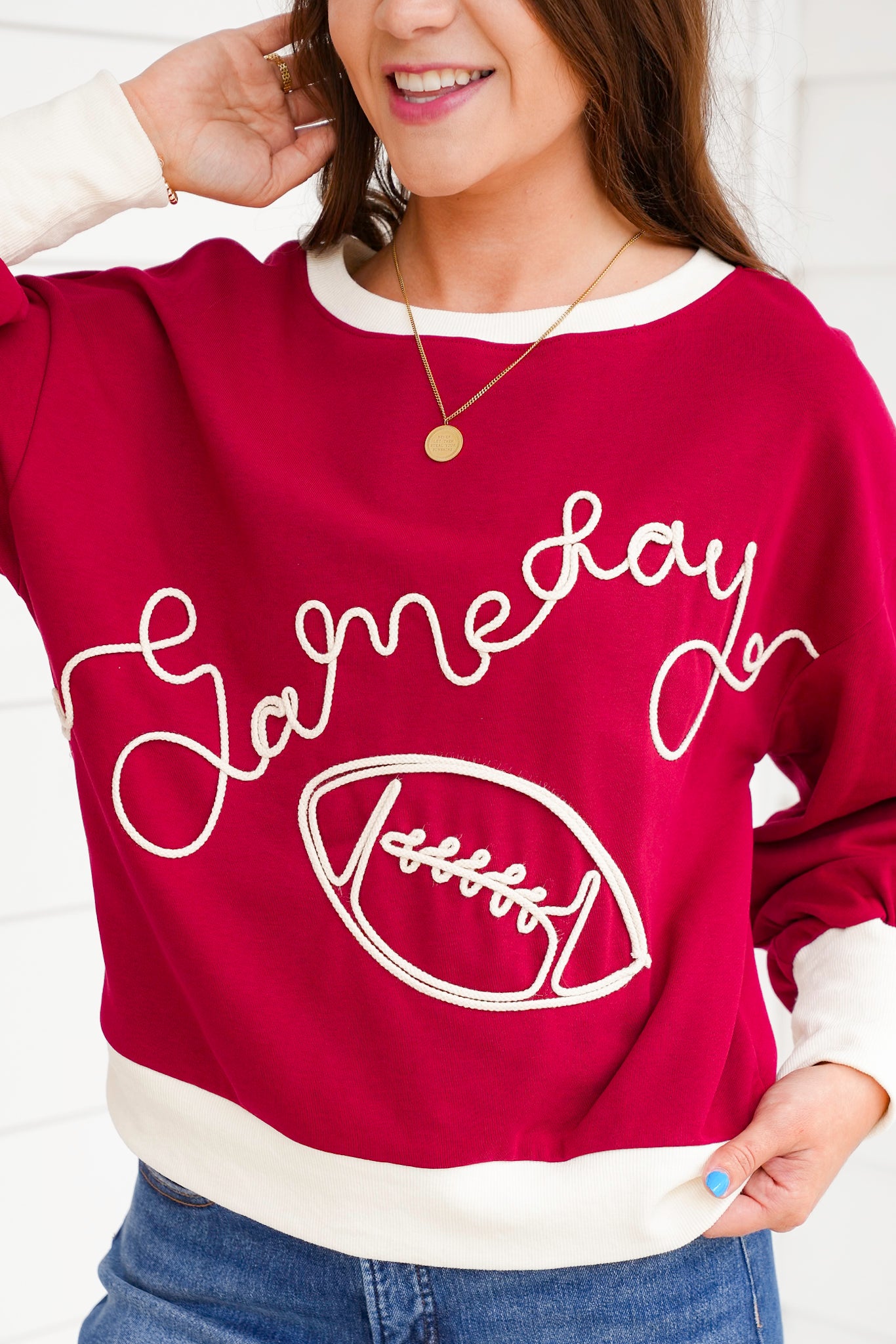 Plus/Reg Long Sleeve Embroidered "Game Day" Pullover Sweatshirt