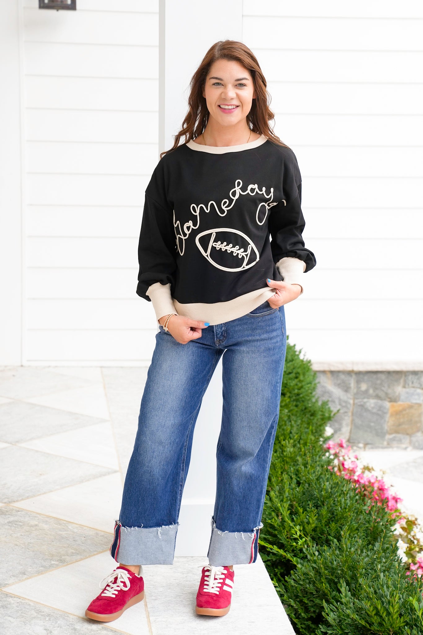 Plus/Reg Long Sleeve Embroidered "Game Day" Pullover Sweatshirt