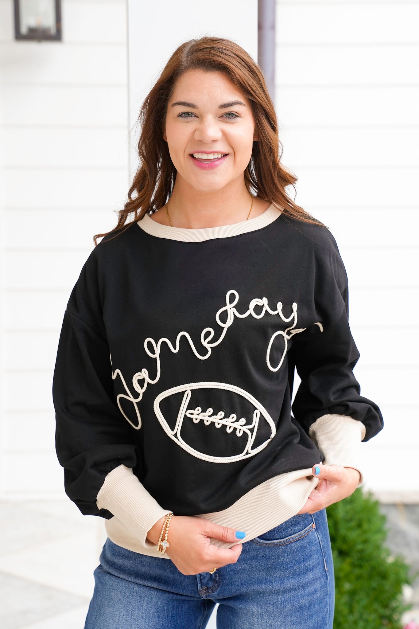 Plus/Reg Long Sleeve Embroidered "Game Day" Pullover Sweatshirt