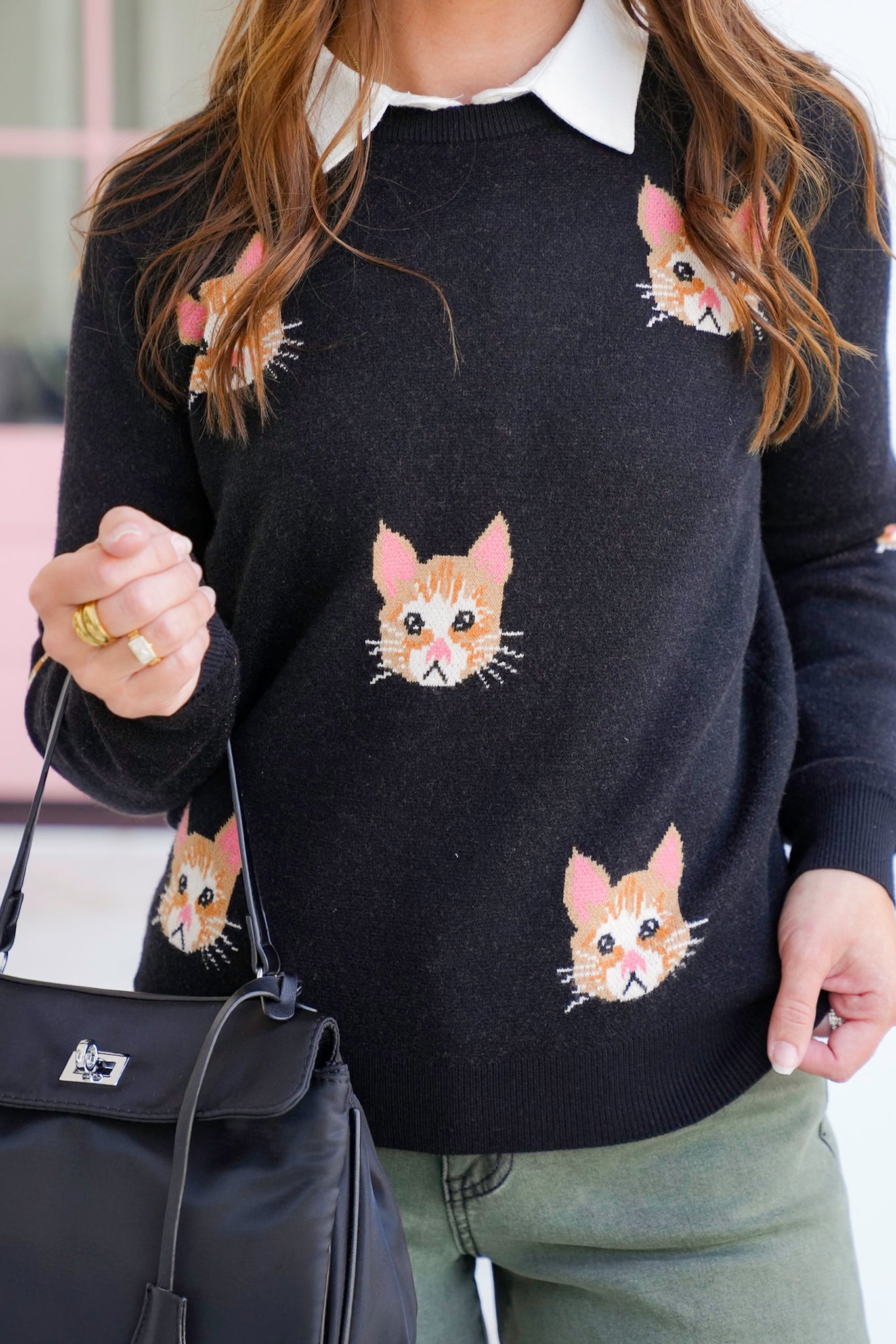 Cat Pattern Long Sleeve Knit Sweater