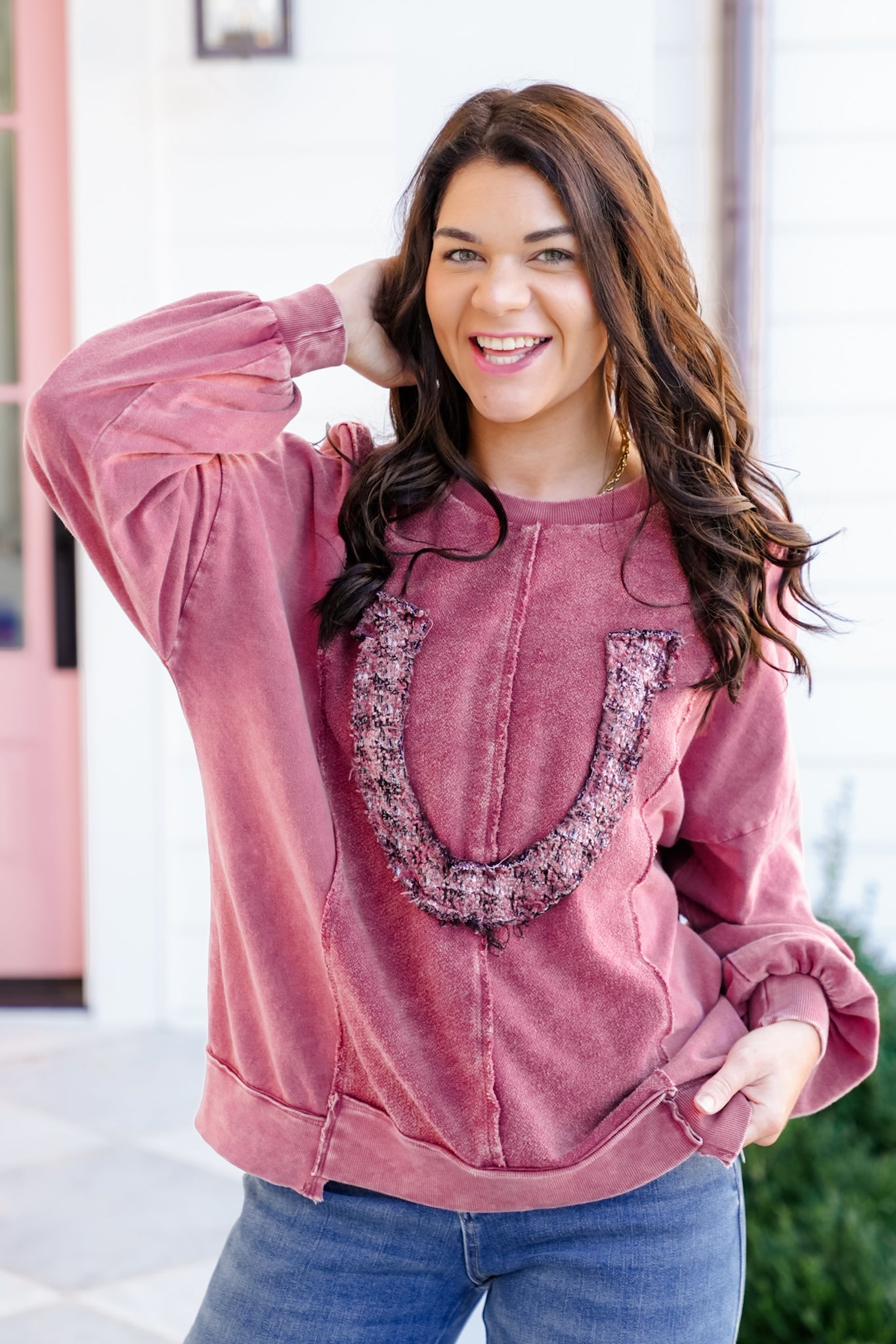 トップス Pink Horseshoe Floral Sleeve Pullover Mineral Wash Long Sleeve Horseshoe Sweatshirt – Freckled Poppy
