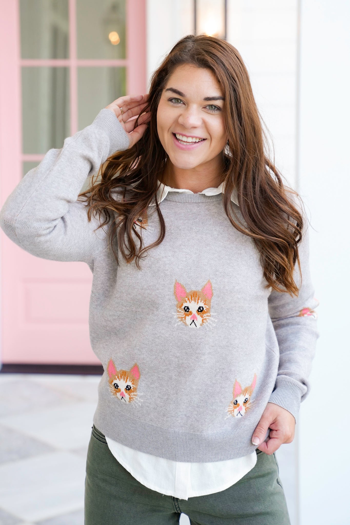 Cat Pattern Long Sleeve Knit Sweater