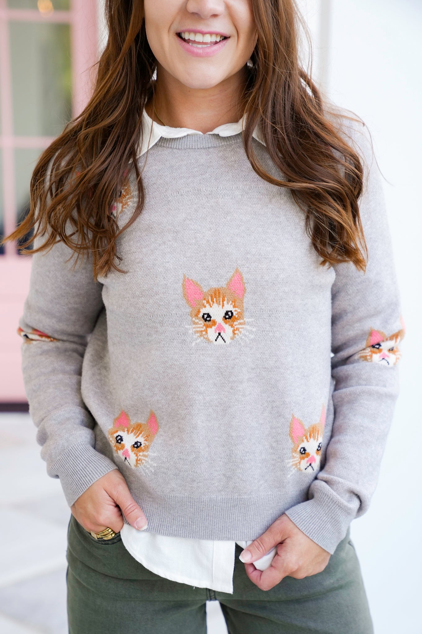 Cat Pattern Long Sleeve Knit Sweater