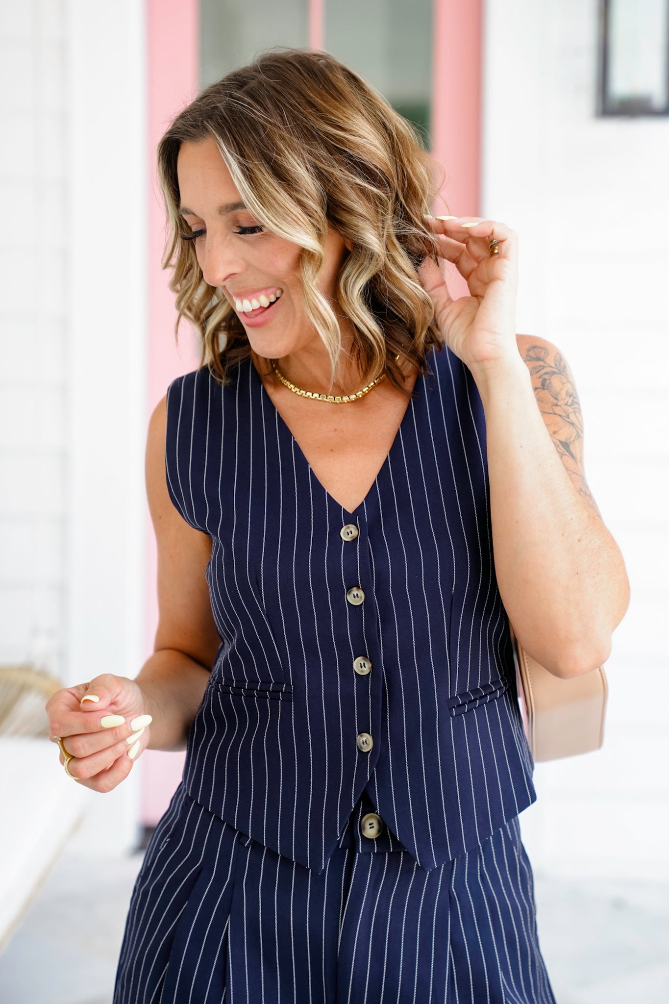 Navy Pinstriped Button Down Vest