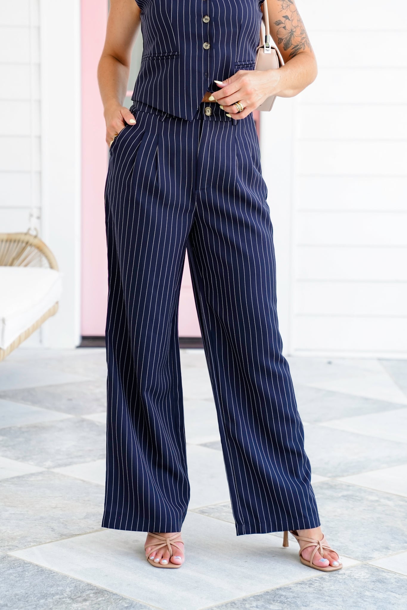 Navy Pinstriped Wide-Leg Pants