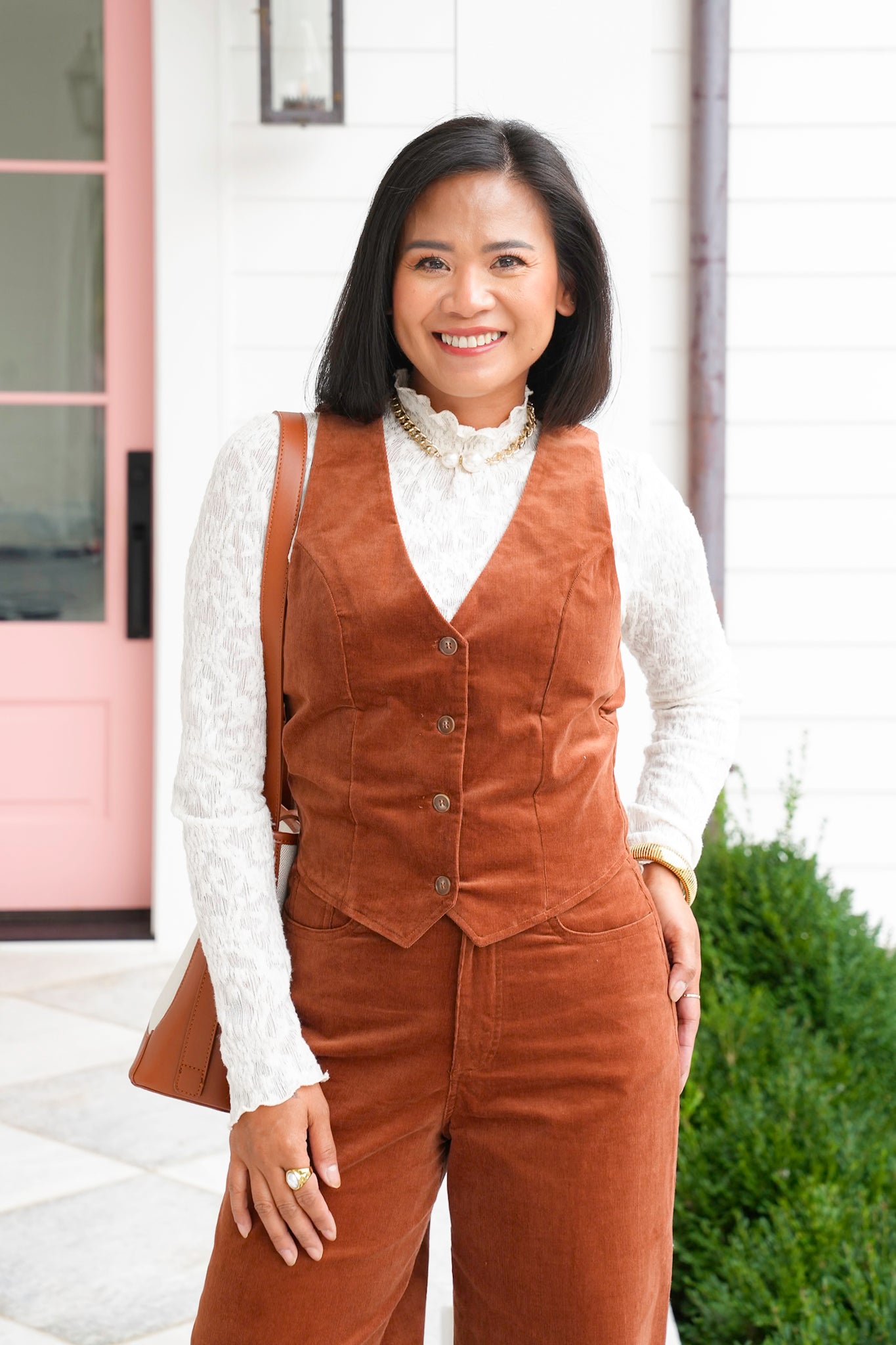 Plus/Reg Camel Corduroy V Neck Button Down Vest