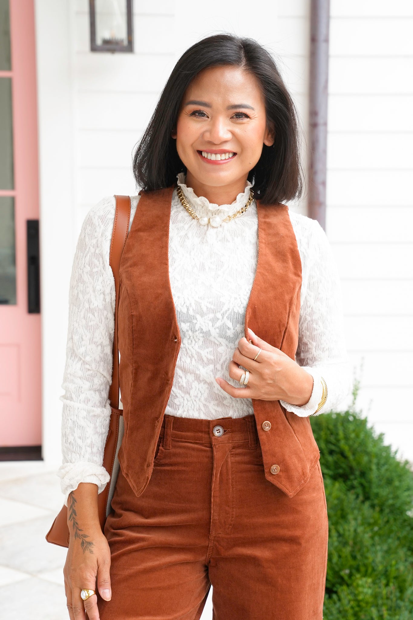 Plus/Reg Camel Corduroy V Neck Button Down Vest