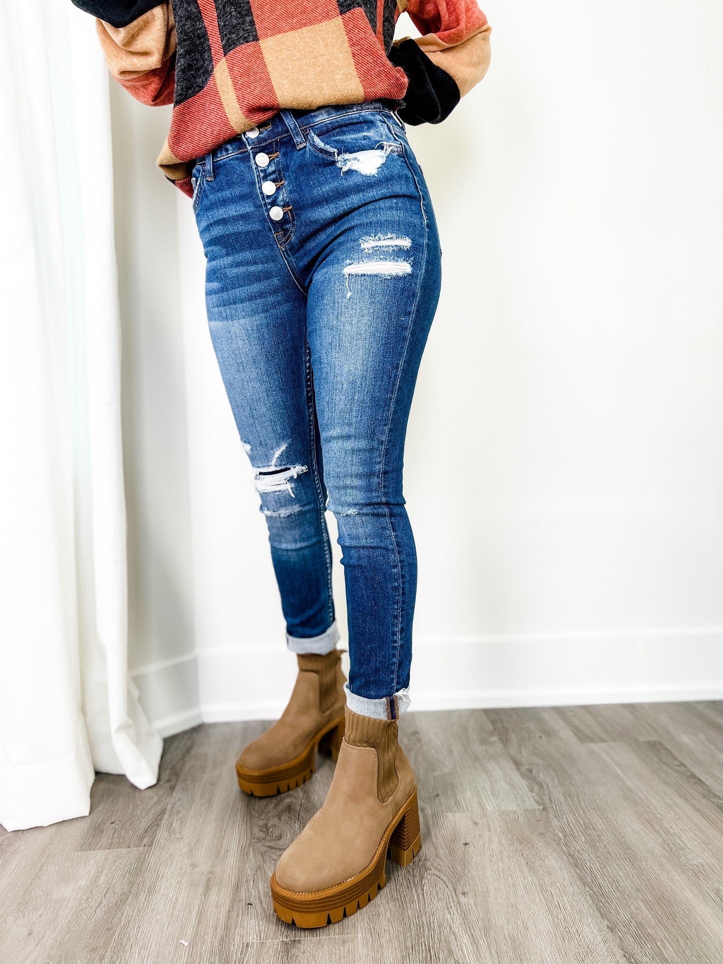 Vervet Parkside Medium Wash Distressed Button Down Skinny Jeans with Raw Ankle Hem