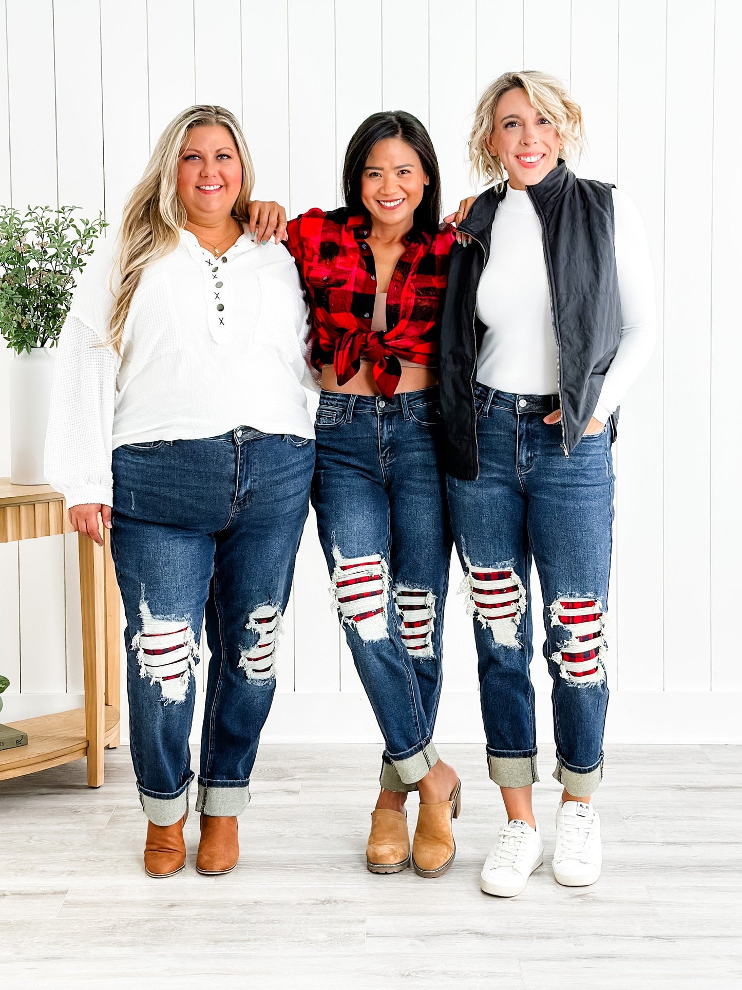 Judy Blue Warm and Cozy Mid Rise Dark Wash Boyfriend Buffalo Plaid Knee Destroy Patches With Cuff Jeans