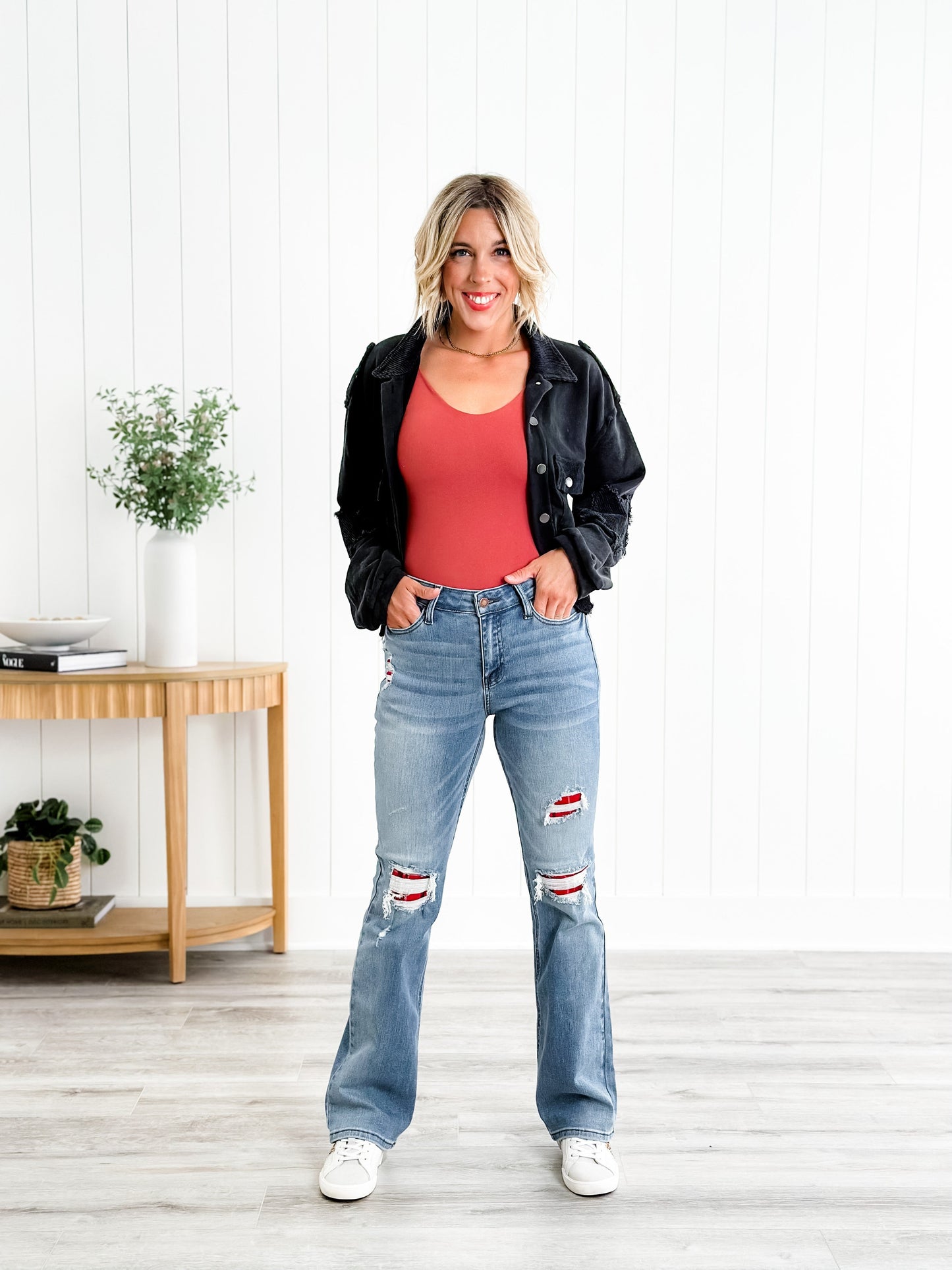 Judy Blue Plaid for You Mid Rise Medium Wash Bootcut Jeans With Patch Detail
