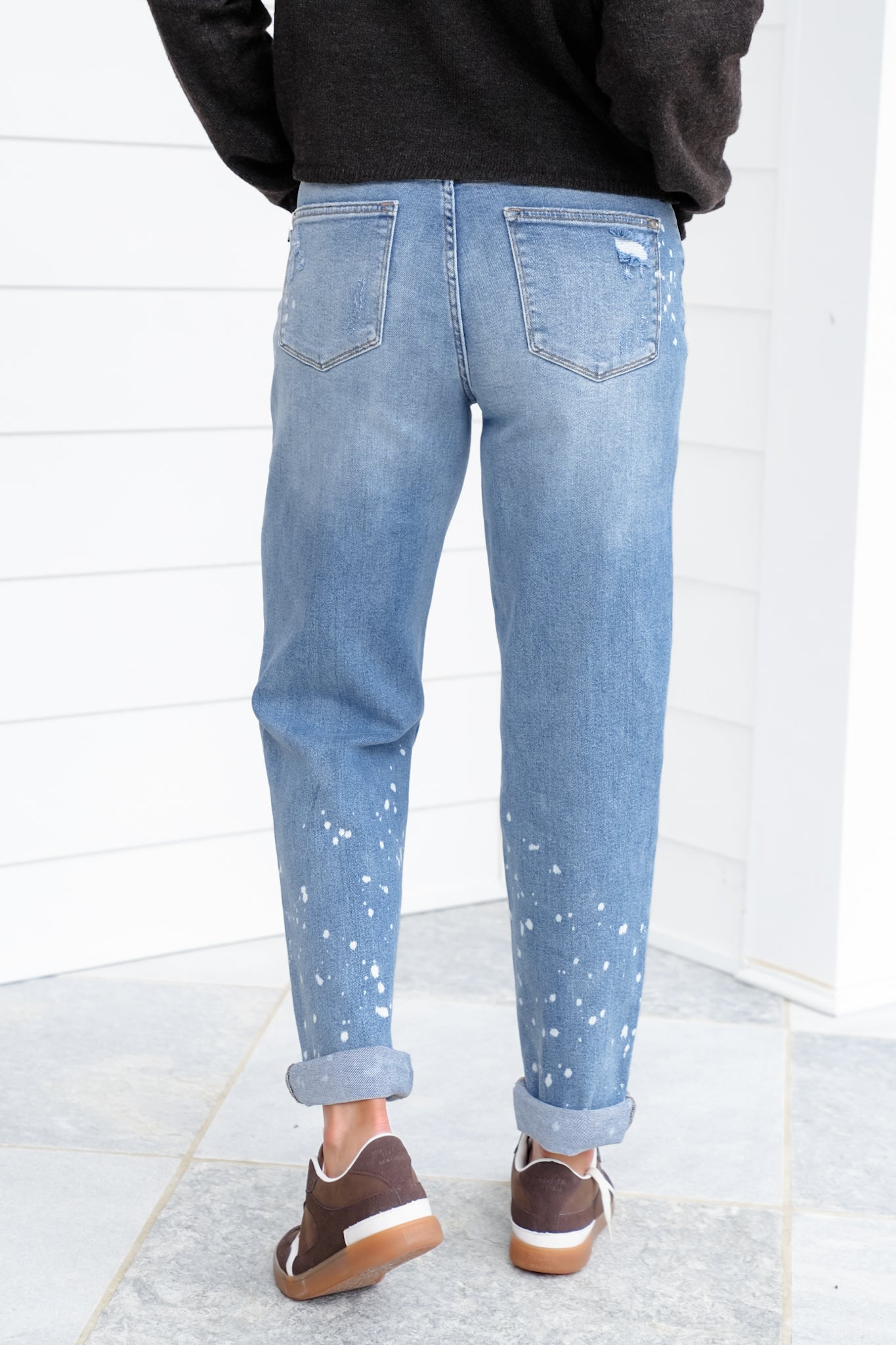 Judy Blue Mid Rise Medium Wash Distressed Bleach Splatter Cuffed Boyfriend Jeans