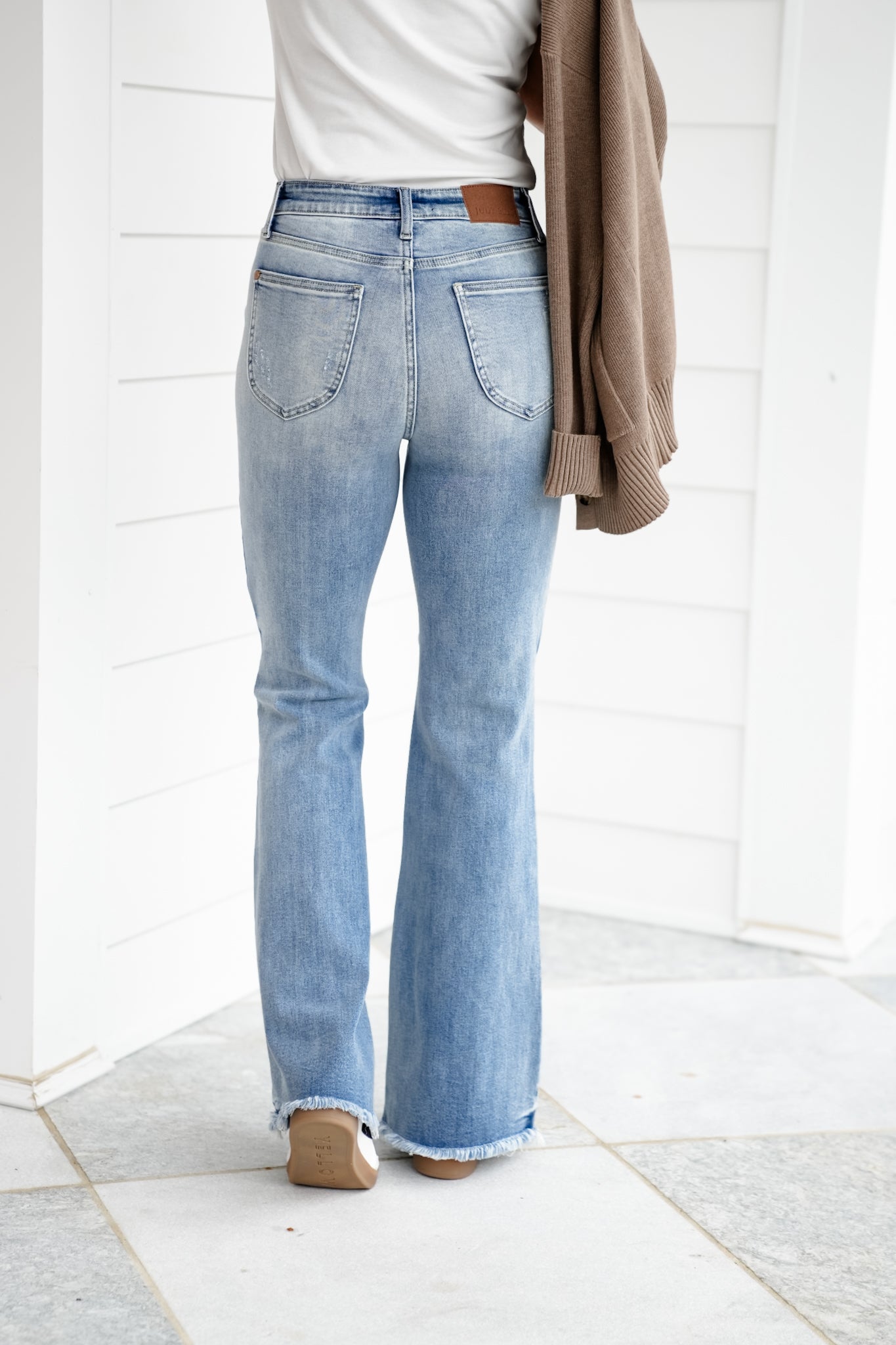 Judy Blue High Rise Light Wash Distressed Flare Jeans with Shield Pockets