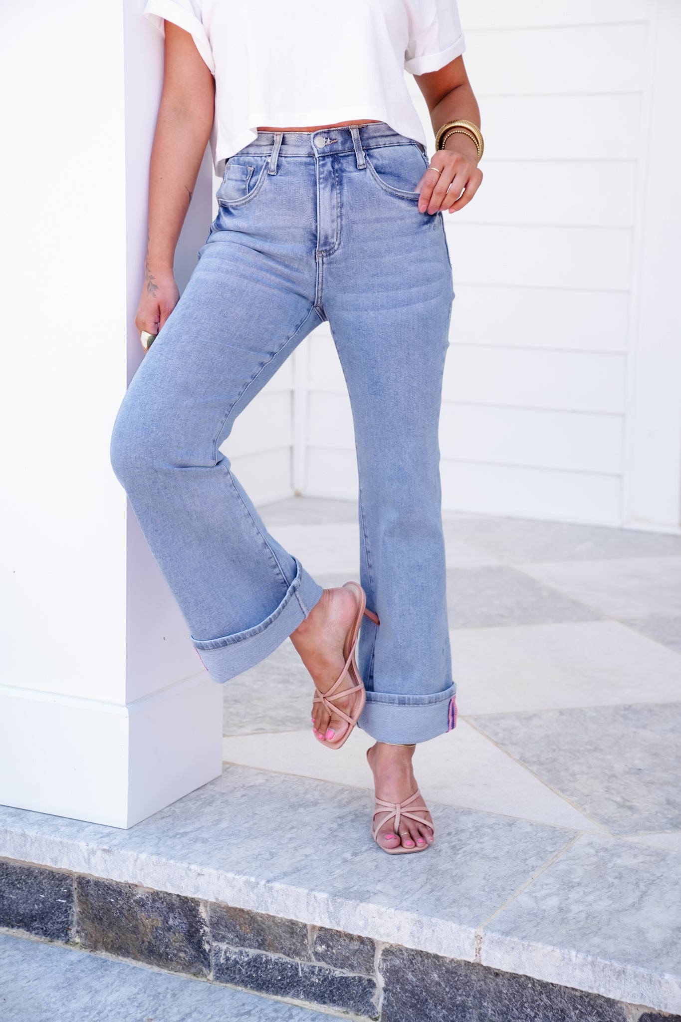 Saige High Rise Light Wash Cuffed Kick Flare Jeans
