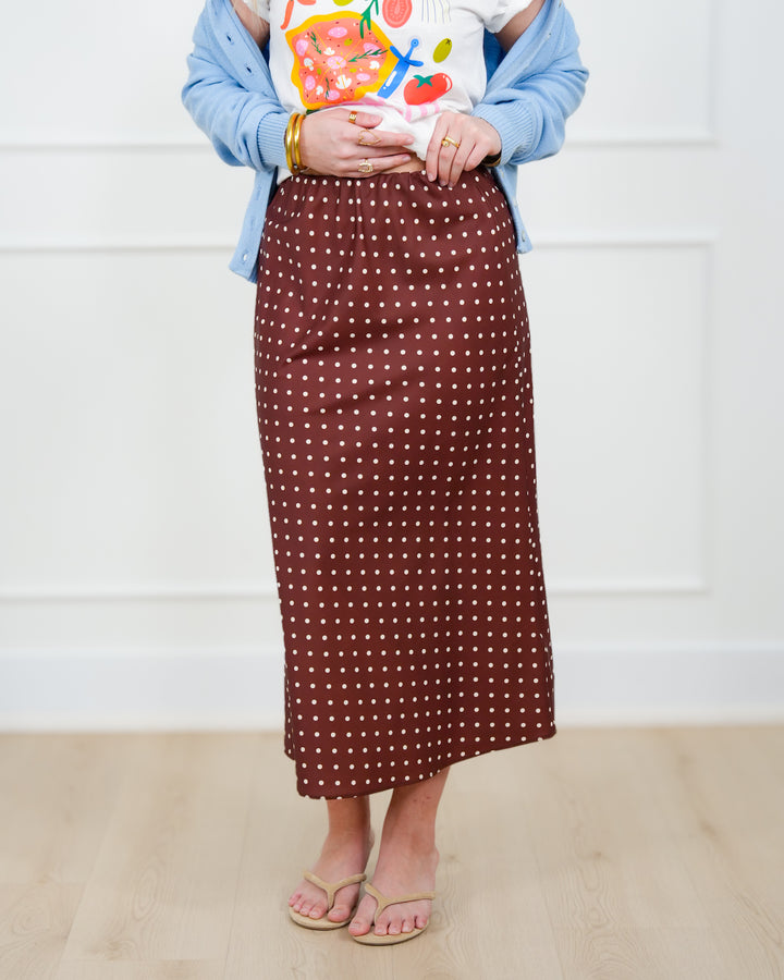 Satin Polka Dot Elastic Waist Midi Skirt