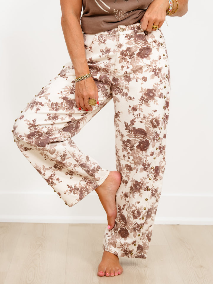 Floral Print and Stud Detail Barrel Leg Pants - Freckled Poppy