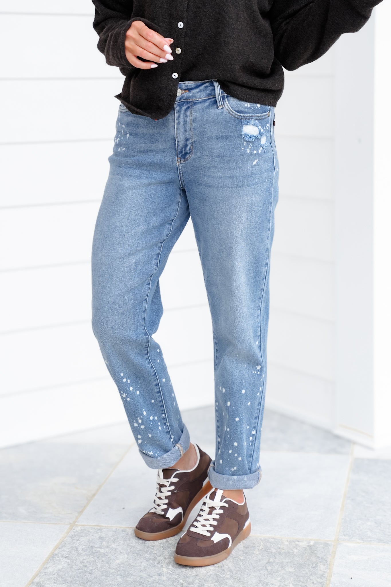 Judy Blue Mid Rise Medium Wash Distressed Bleach Splatter Cuffed Boyfriend Jeans