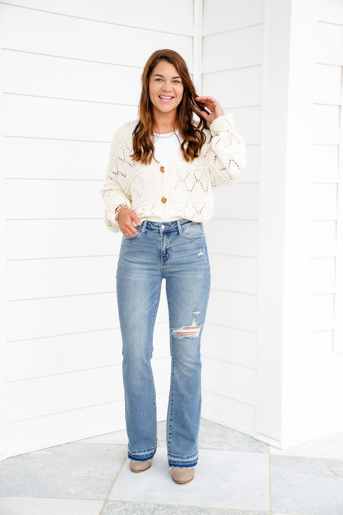 Restock Judy Blue Mid Rise Medium Wash Distressed Released Hem Bootcut Jeans