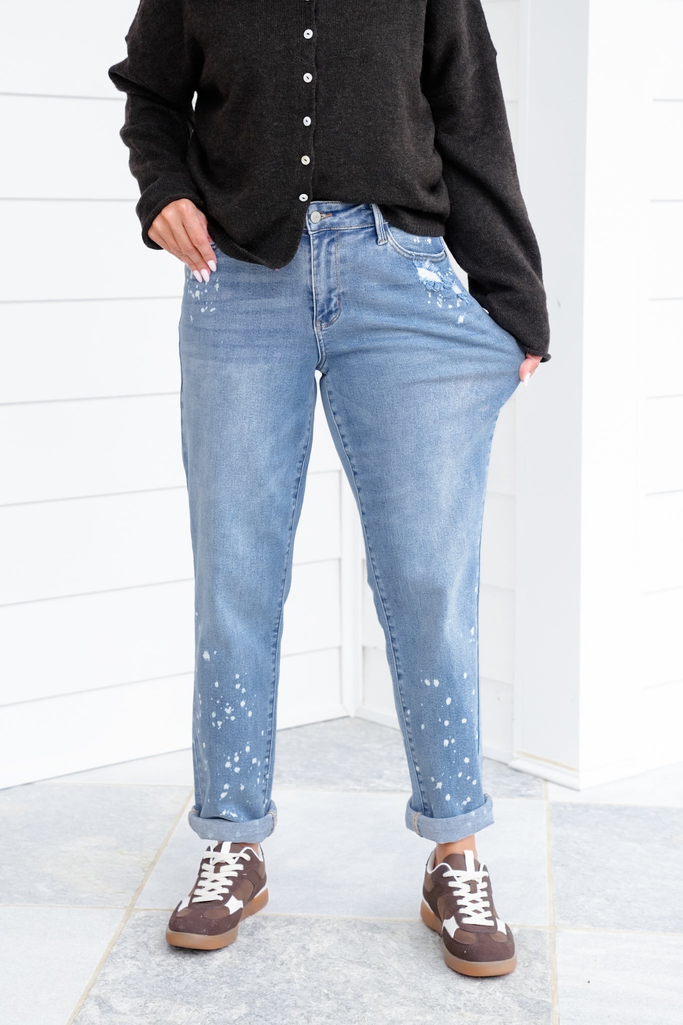 Judy Blue Mid Rise Medium Wash Distressed Bleach Splatter Cuffed Boyfriend Jeans