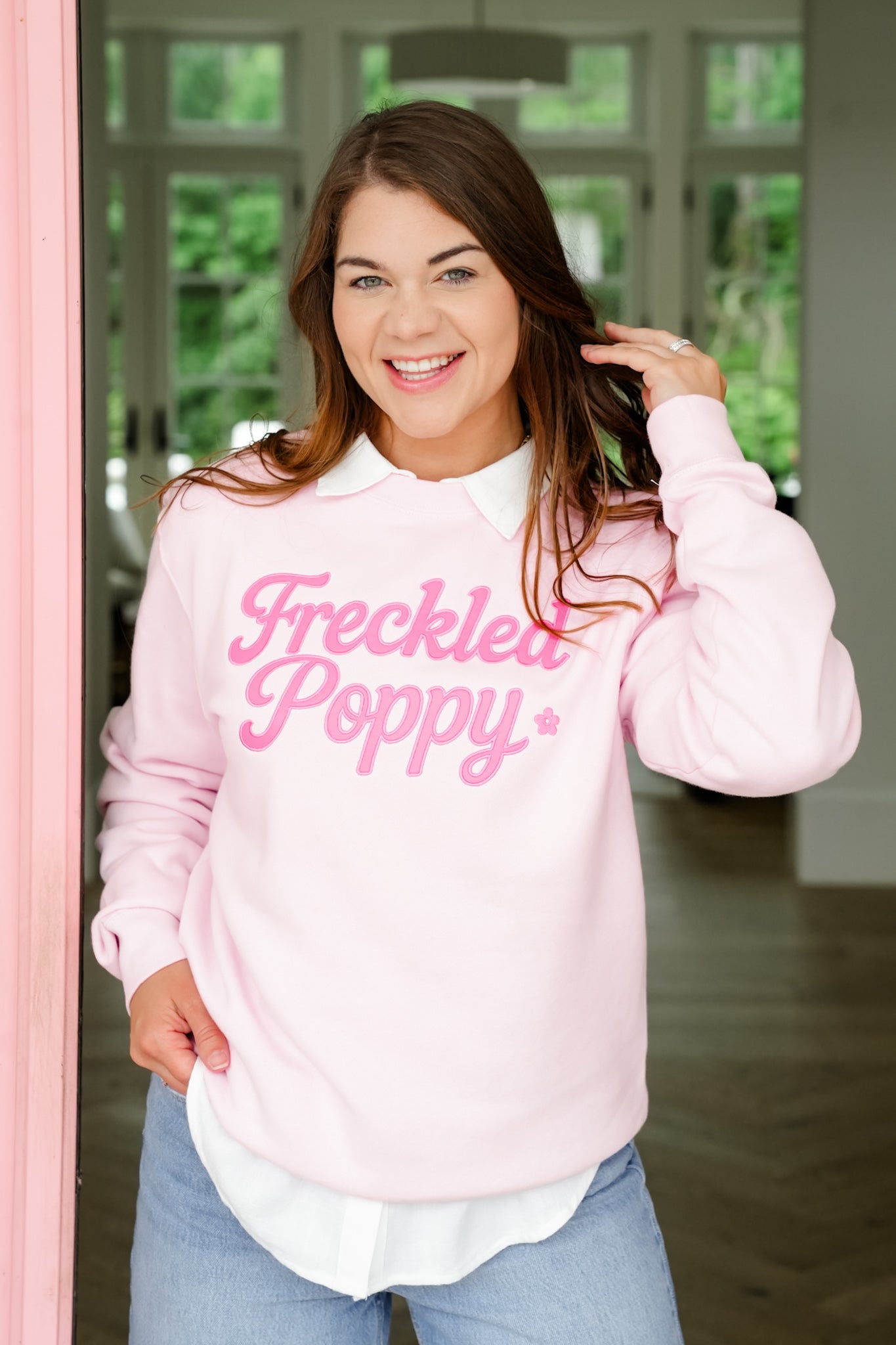 Plus/Reg Pink Long Sleeve "Freckled Poppy" Graphic Sweatshirt