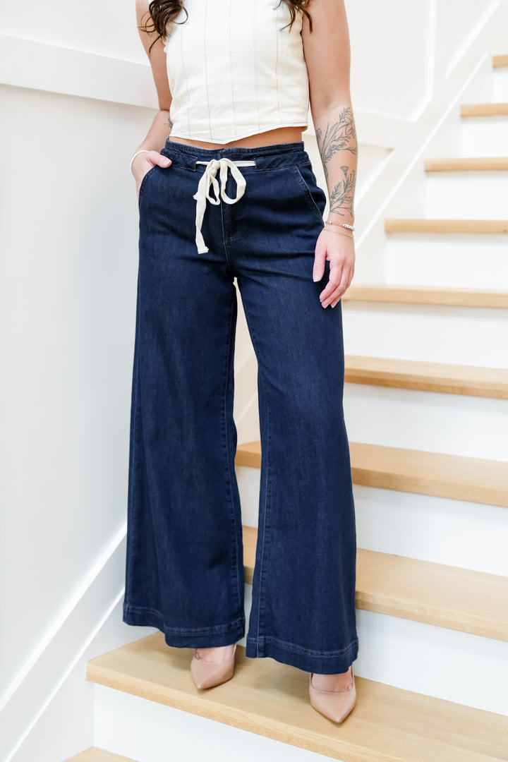 Risen Mid Rise Dark Wash Wide Leg Pants with Tie Waistband