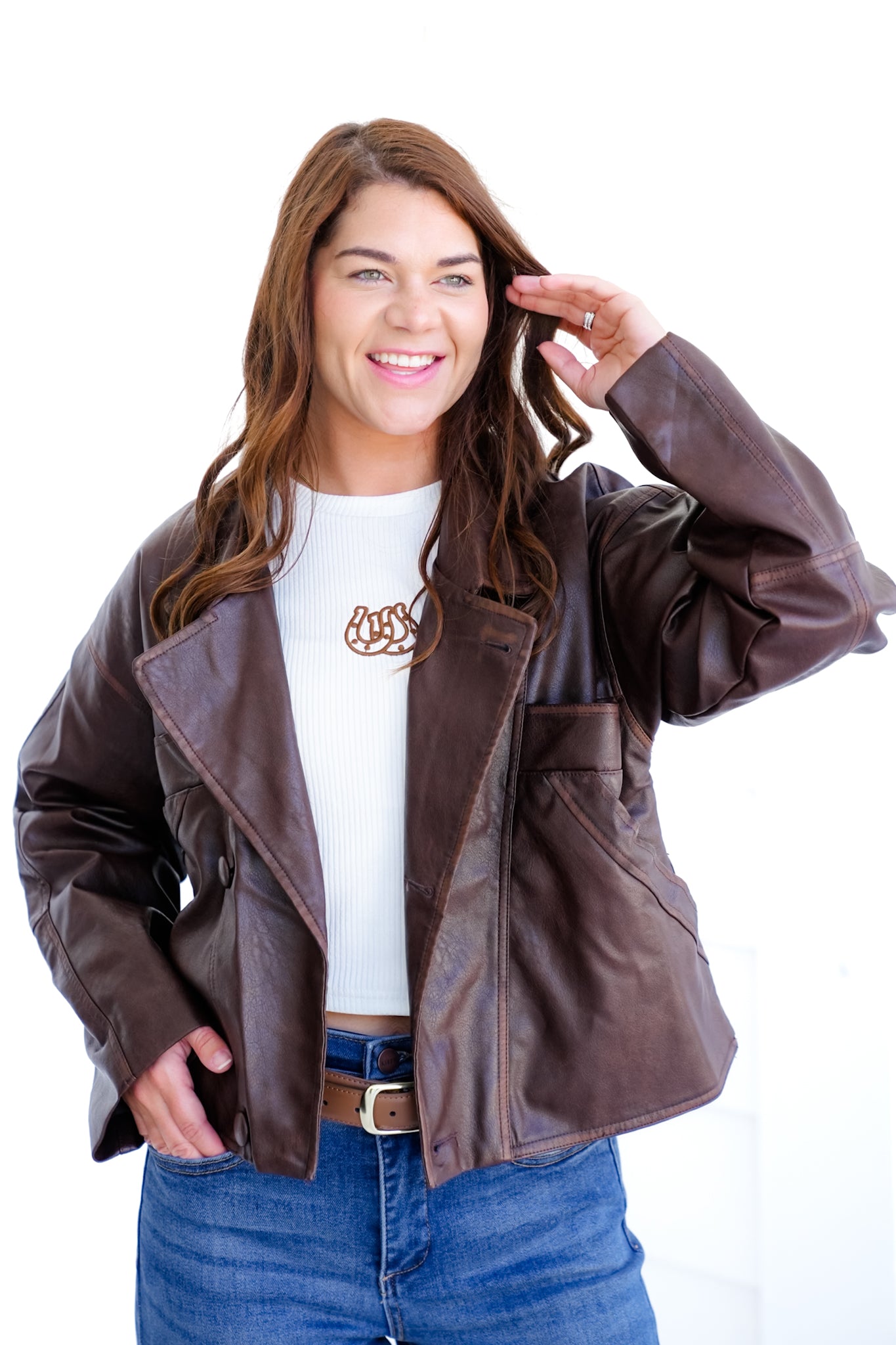 Washed Brown Vegan Leather Long Sleeve Jacket