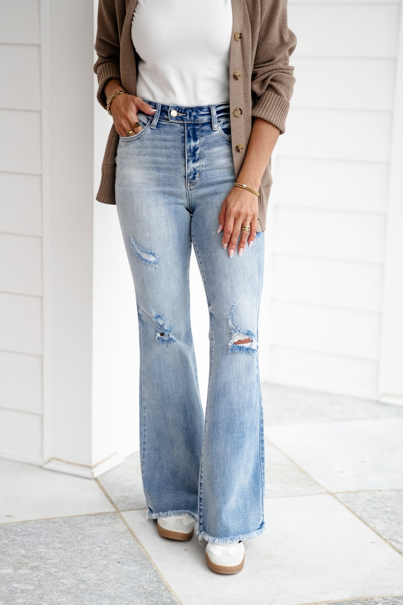 Judy Blue High Rise Light Wash Distressed Flare Jeans with Shield Pockets