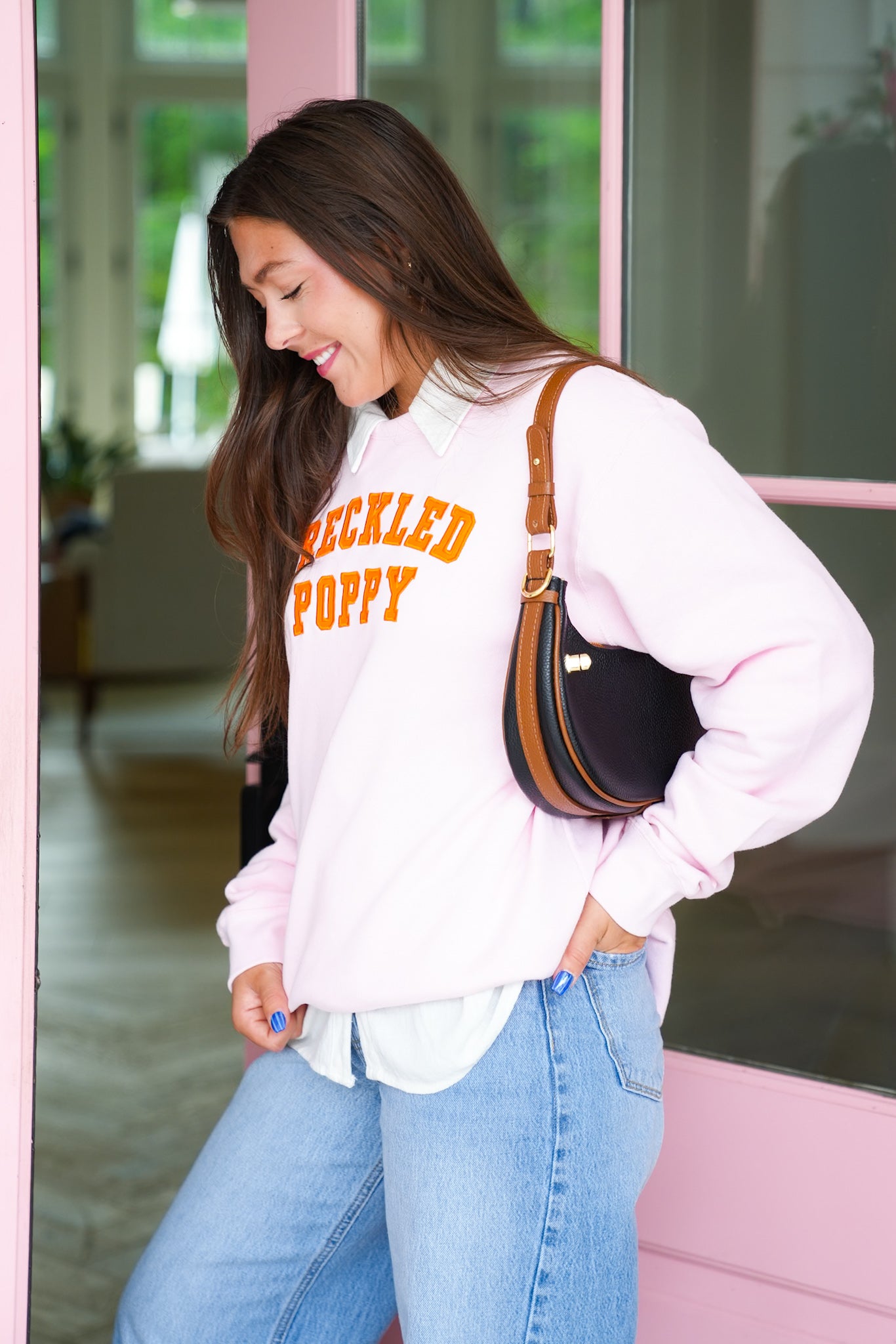Plus/Reg Long Sleeve Pink "Freckled Poppy" Graphic Sweatshirt
