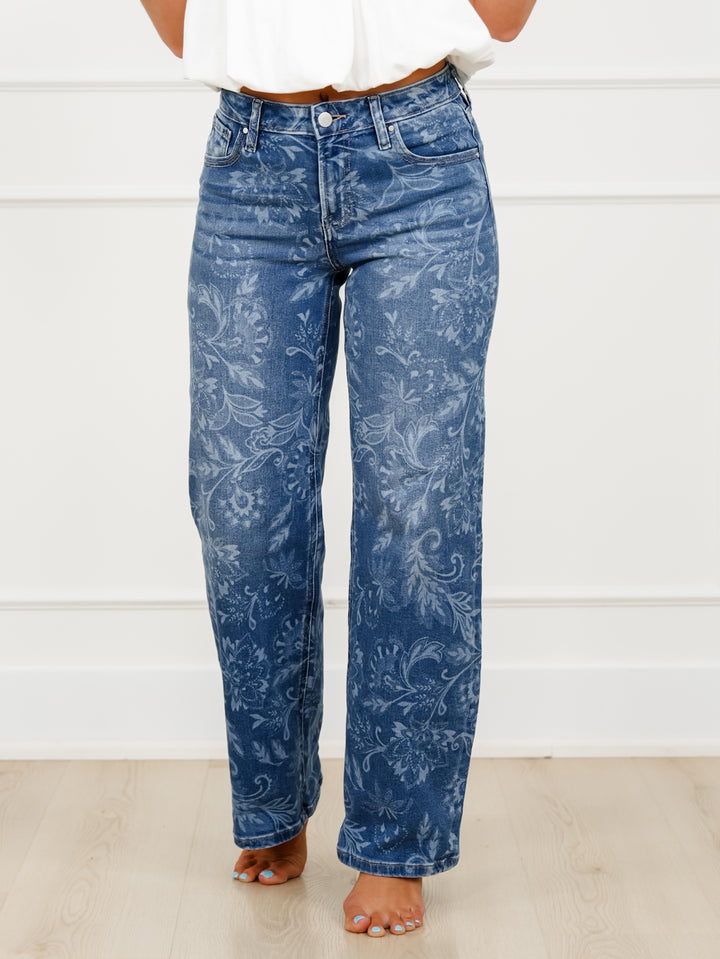 Risen Mid Rise Medium Wash Paisley Straight Leg Jeans