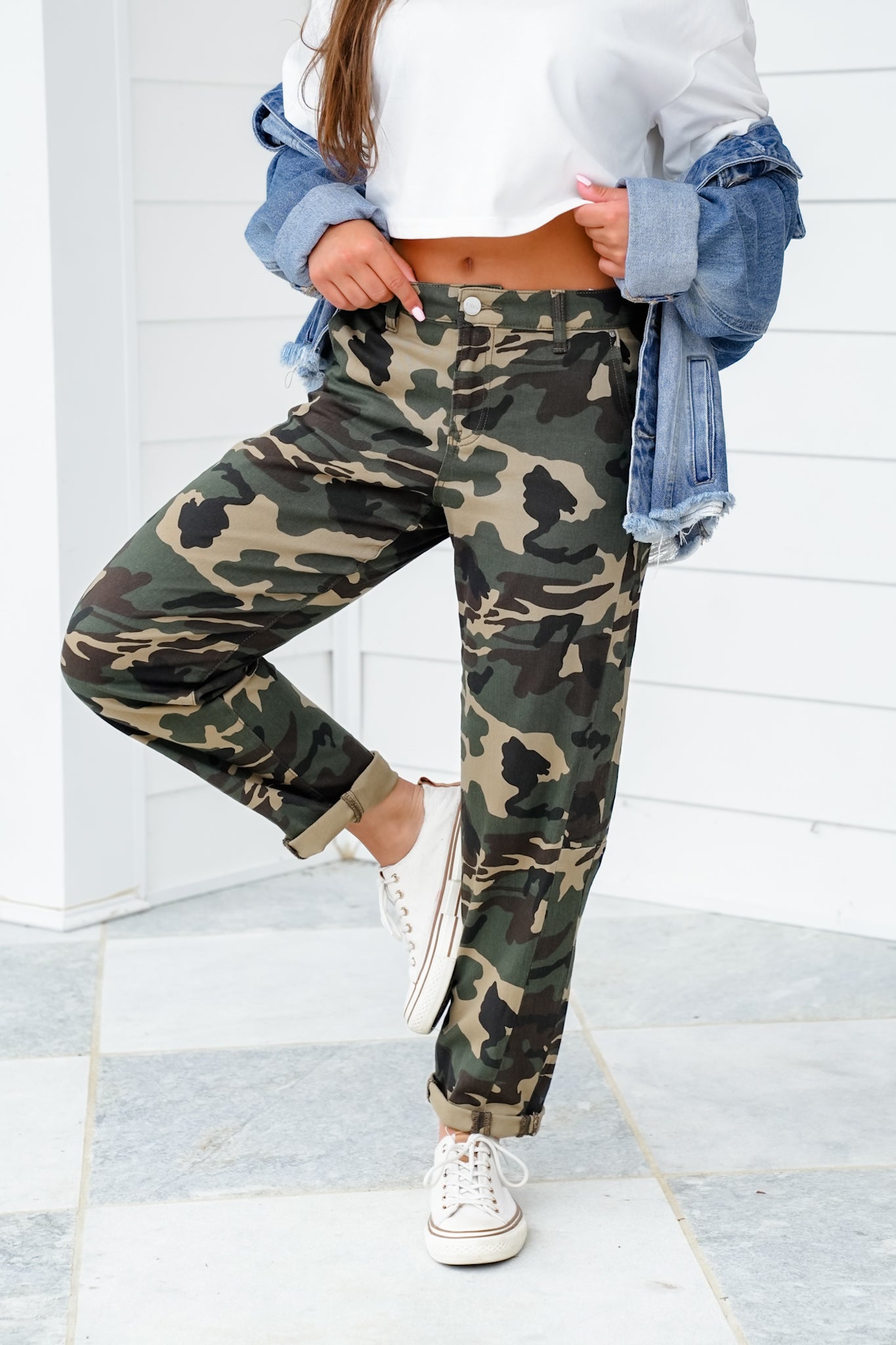Risen High Rise Camo Ankle Barrel Pants with Double Cuff