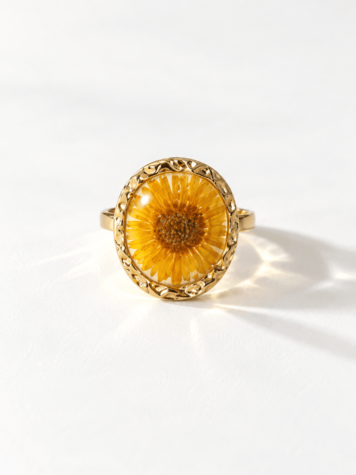 Pressed Sunflower Hammered Edge Ring - Freckled Poppy