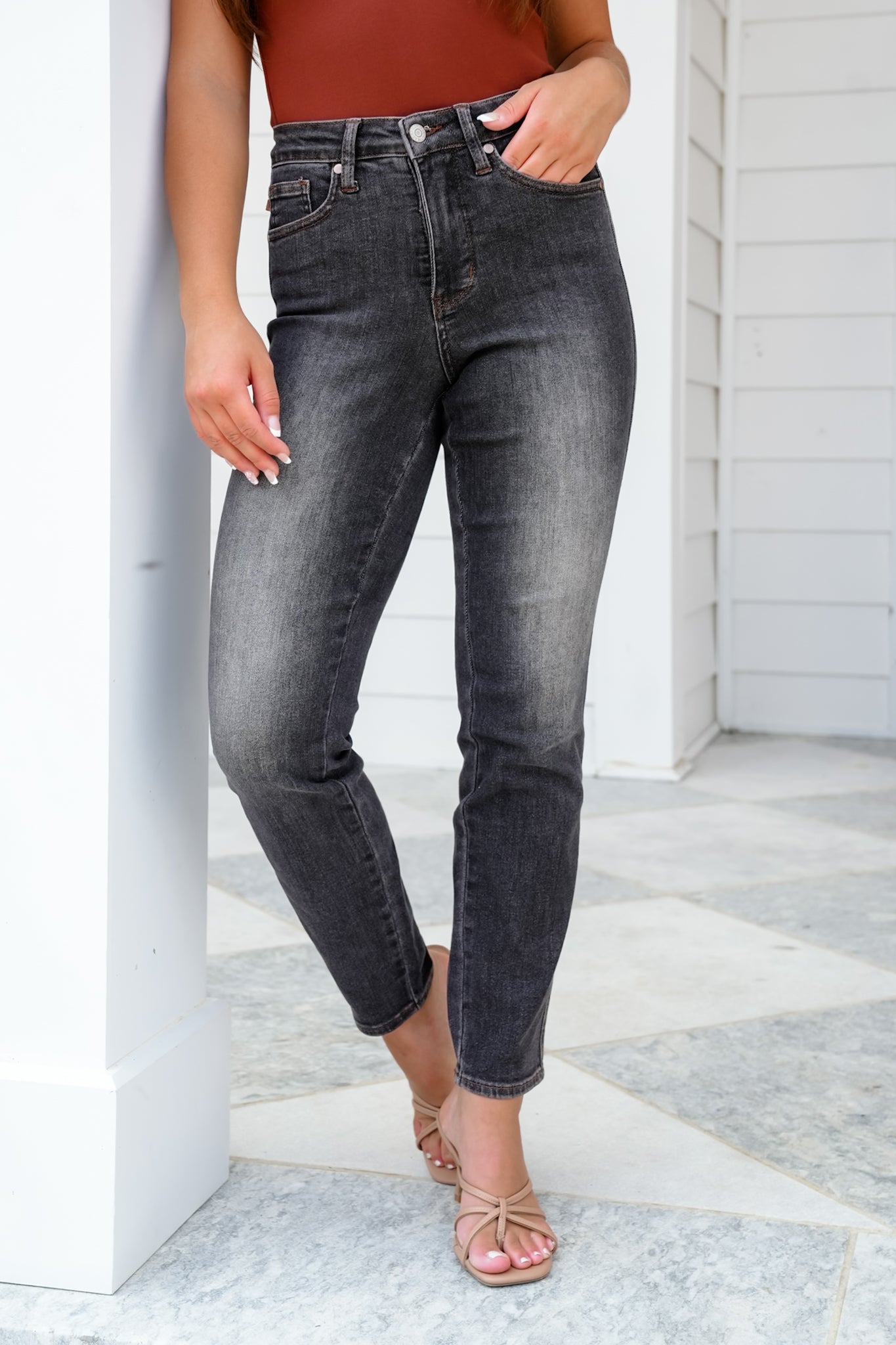 Judy Blue Shades of Black Mid Rise Black Tummy Control Slim Leg Jeans