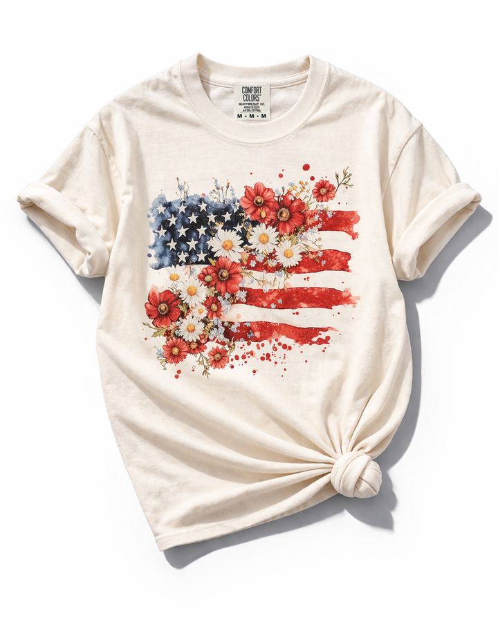 Plus/Reg Short Sleeve Floral American Flag Graphic Tee