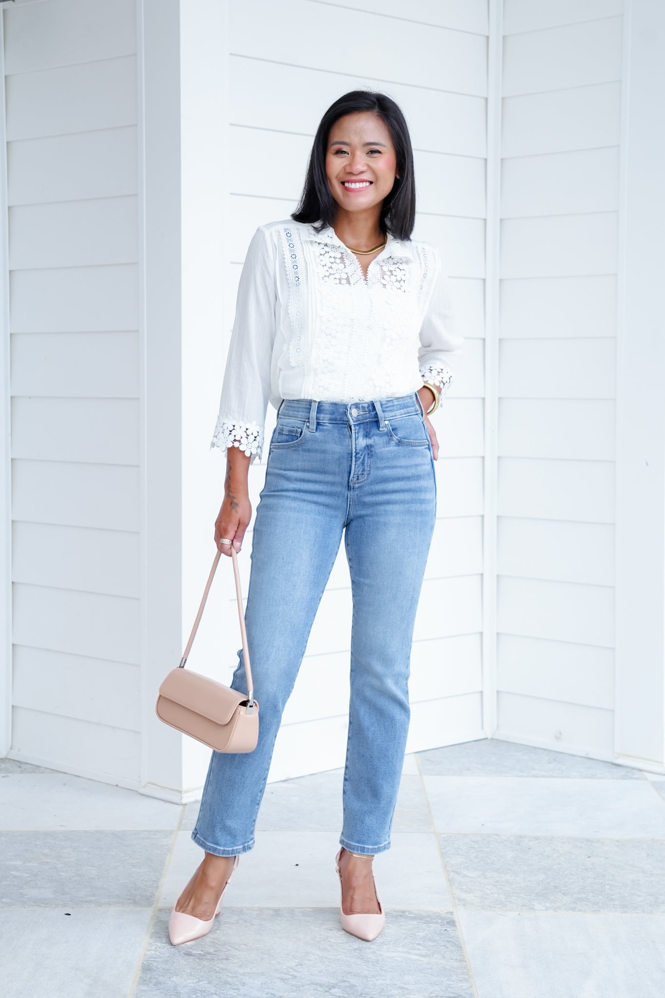 Risen High Rise Medium Wash Tummy Control Elastic Waistband Cropped Straight Leg Jeans