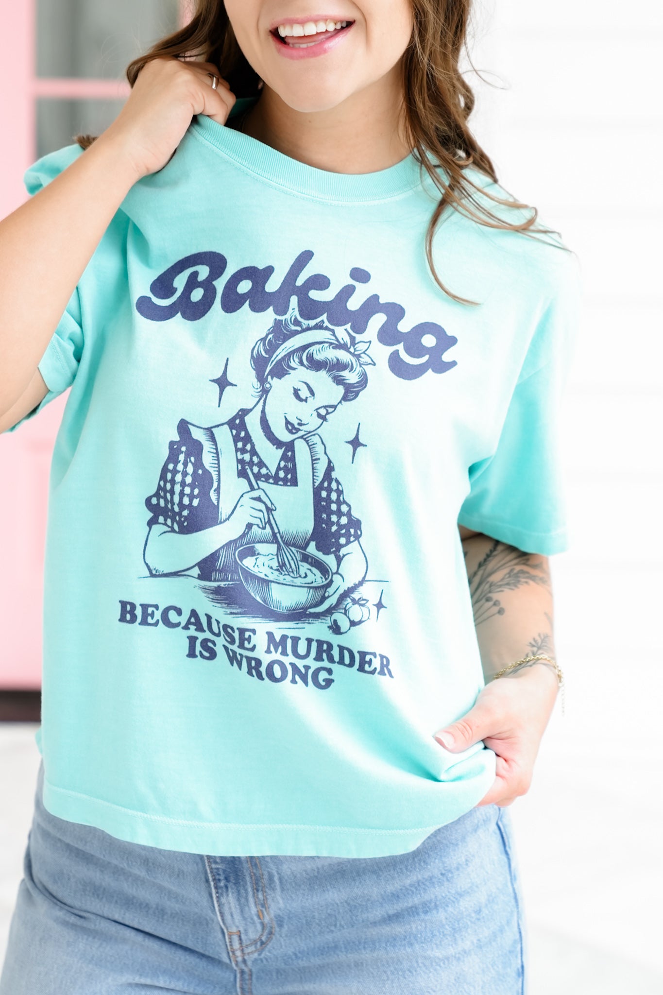 Plus/Reg Short Sleeve "Baking Because Murder Is Wrong" Graphic Tee