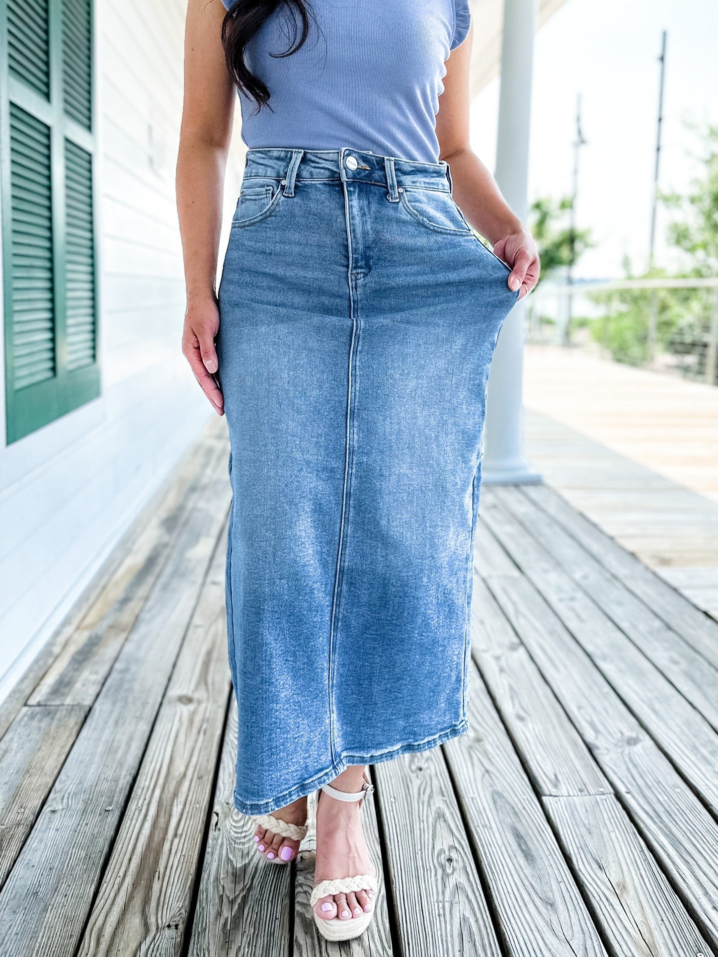 Risen Medium Wash Back Slit Long Skirt