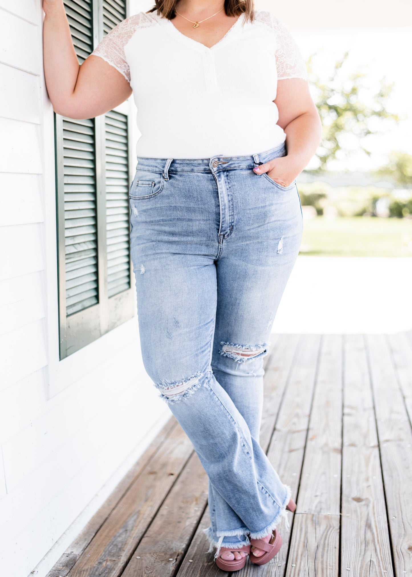 Risen With the Band High Rise Light Wash Distressed Flare Jeans