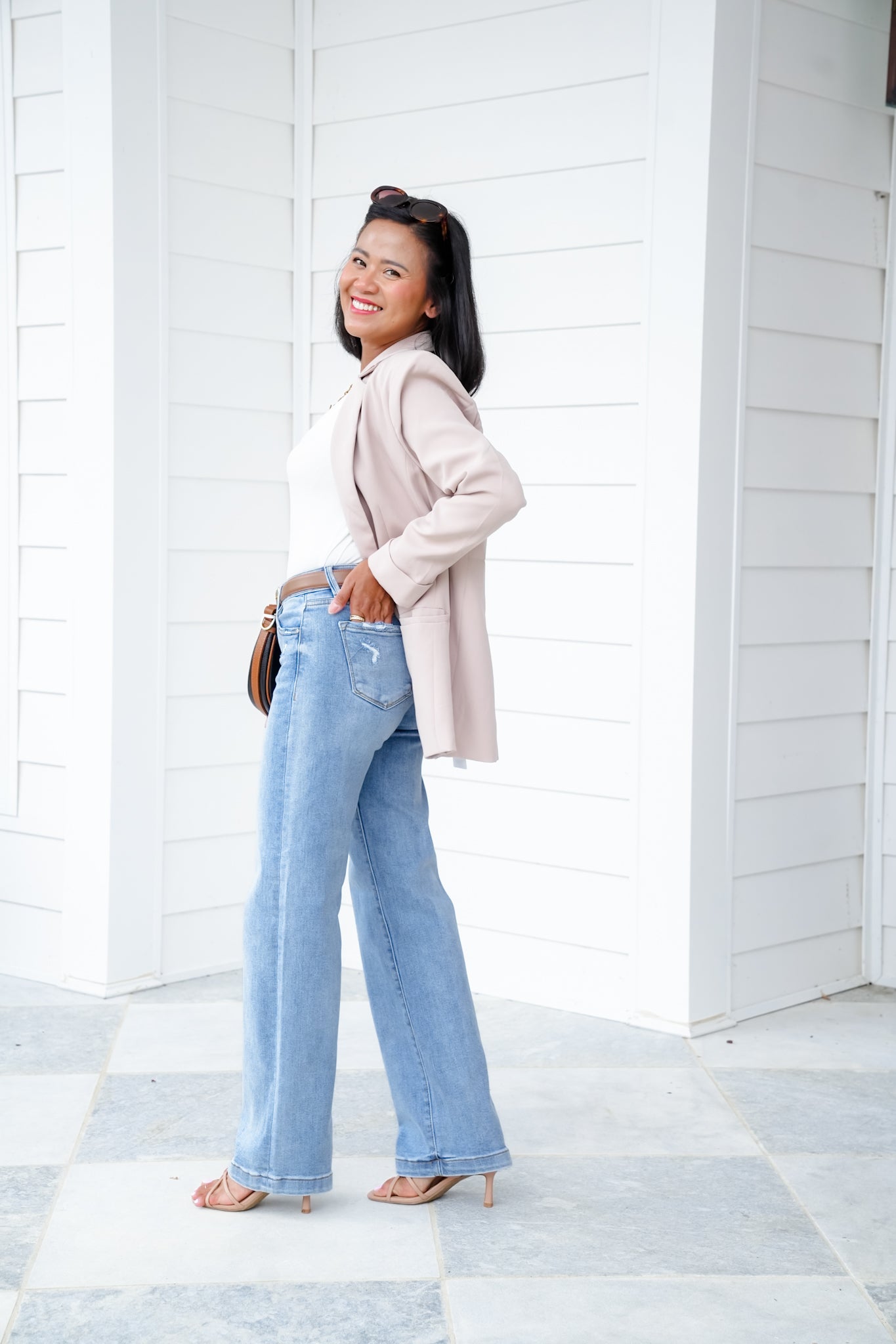 Risen Mid Rise Light Wash Tummy Control Elastic Waistband Wide Leg Jeans