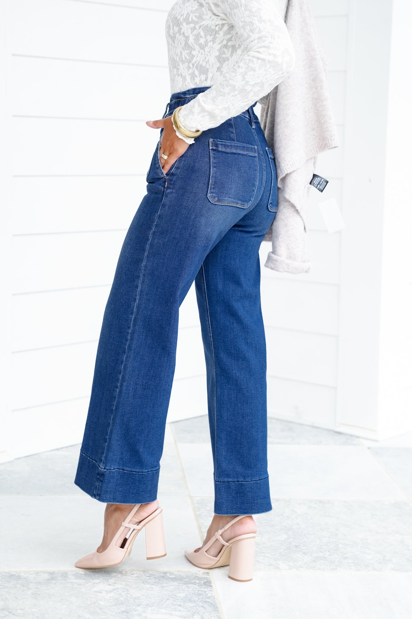 Risen High Rise Dark Wash Elastic Waistband Crop Wide Leg Jeans with Ruffle Band